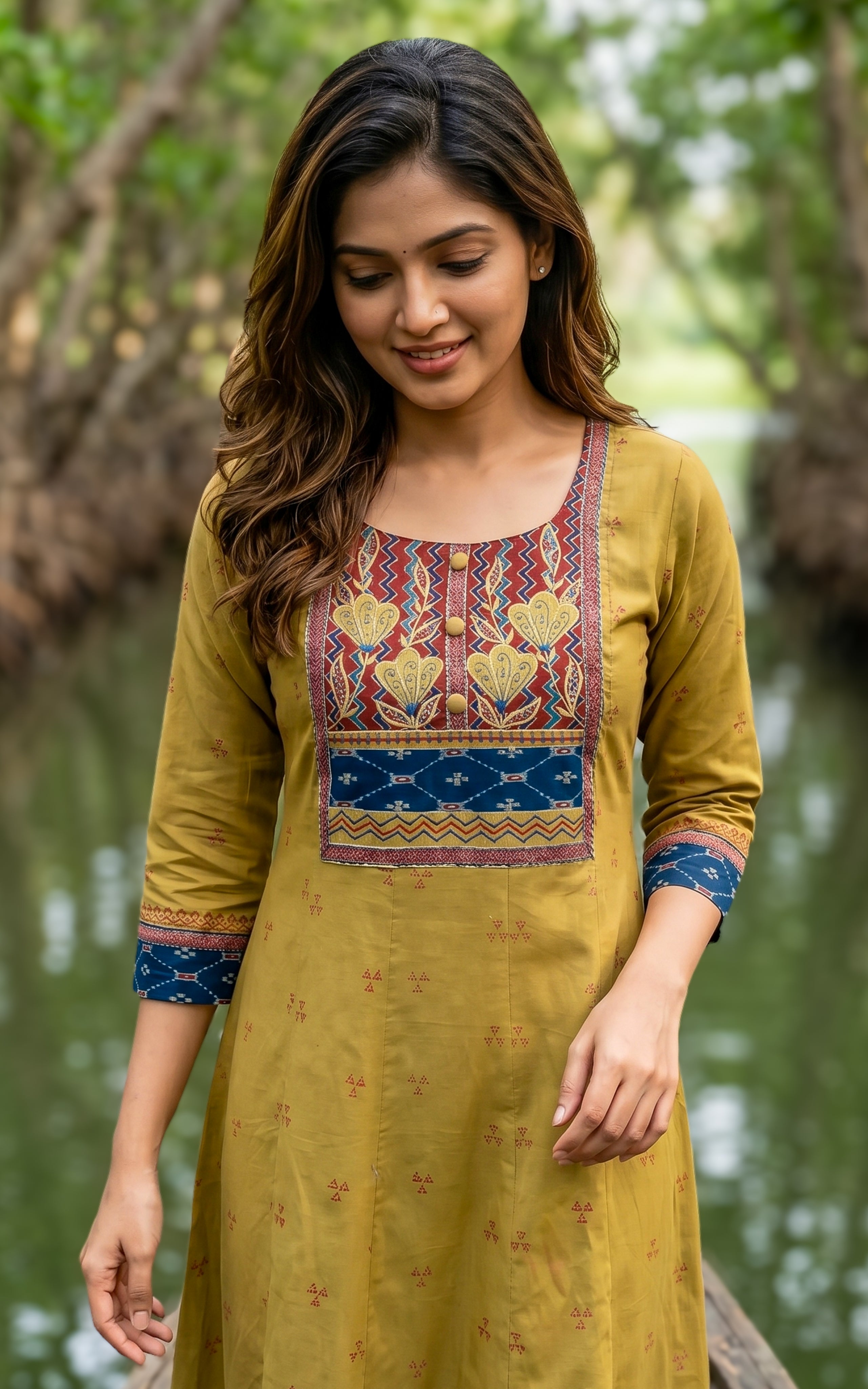 Mustard olive green cotton long Aline kurti for women