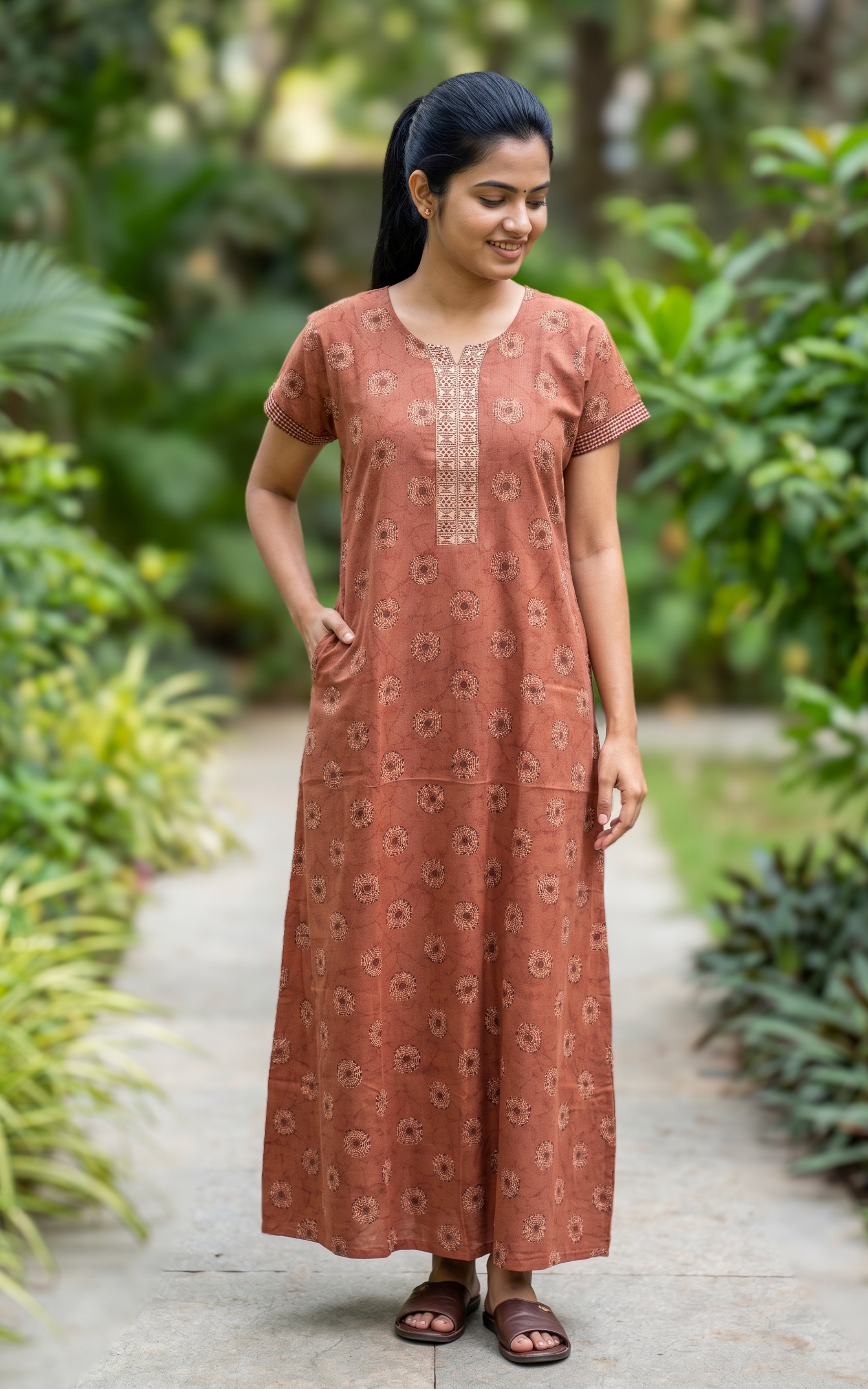 Instore - Rust Floral Print Cotton Long Nighty with Side Pocket, Relaxed Fit, Women's Sleepwear