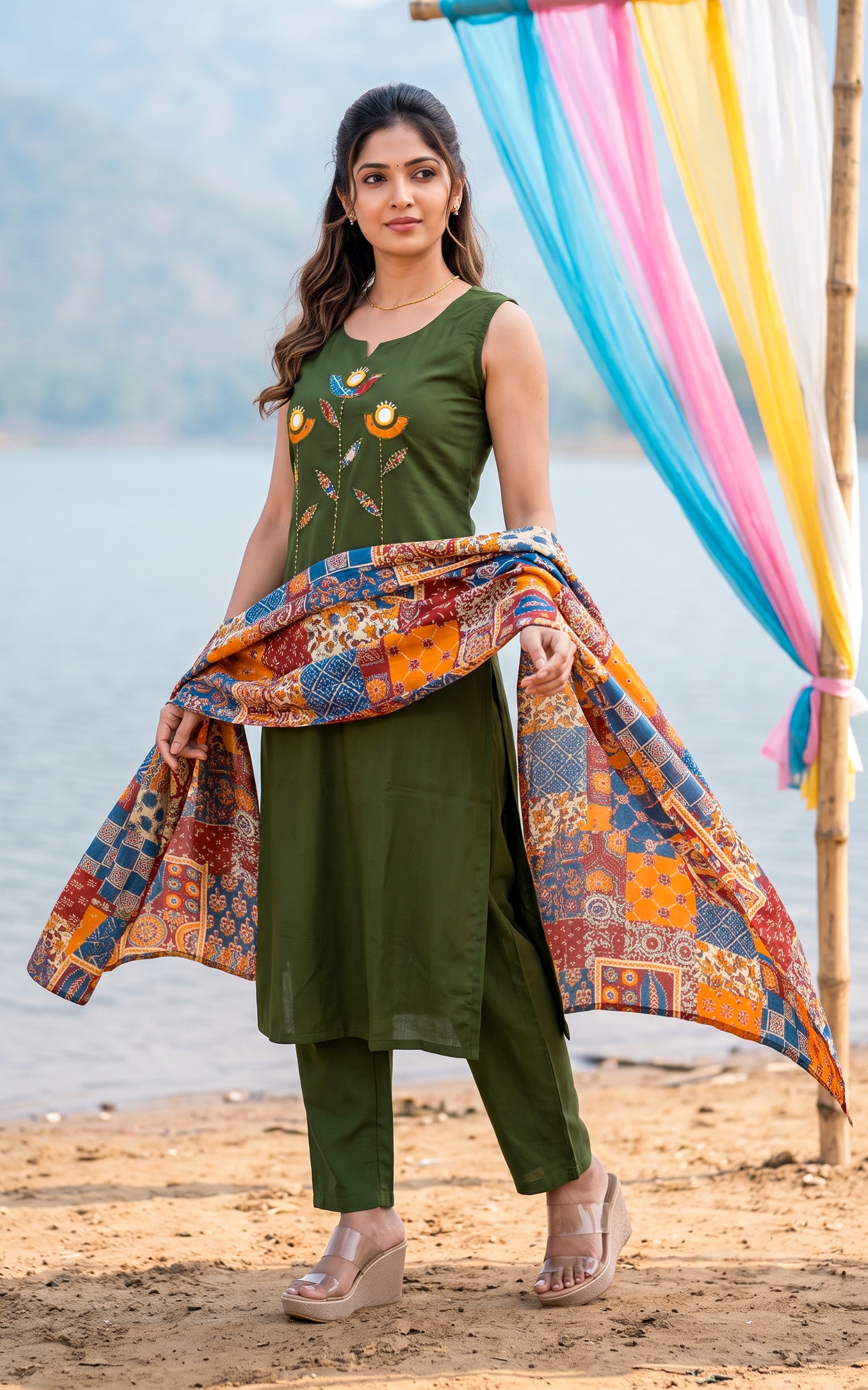 Instore – Green Carolina Kurti Pant Dupatta Set for Women – Cotton – Printed – Ethnic Wear