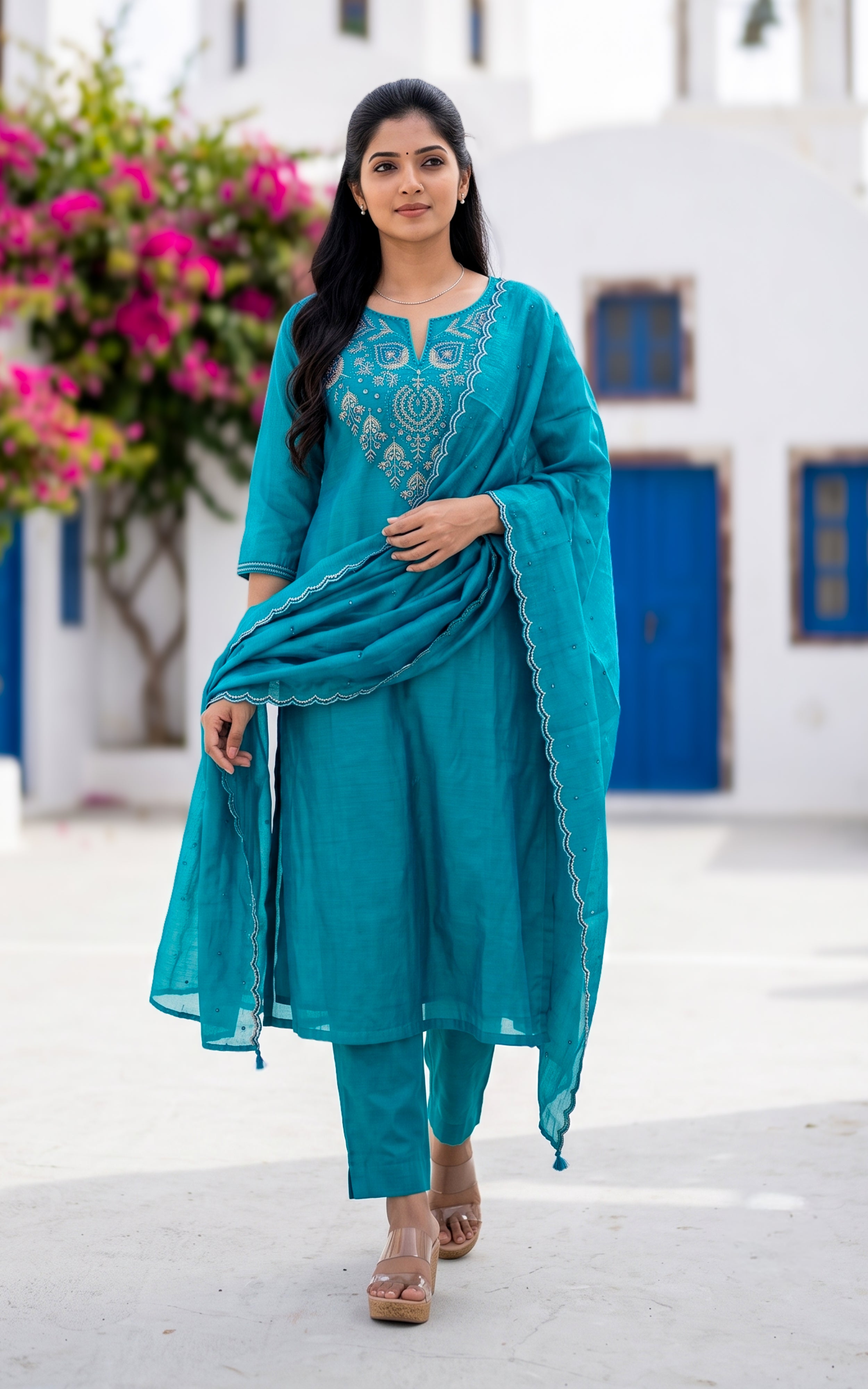 Rama Blue Chanderi Kurti Set with Cotton Straight Fit Pant for Women
