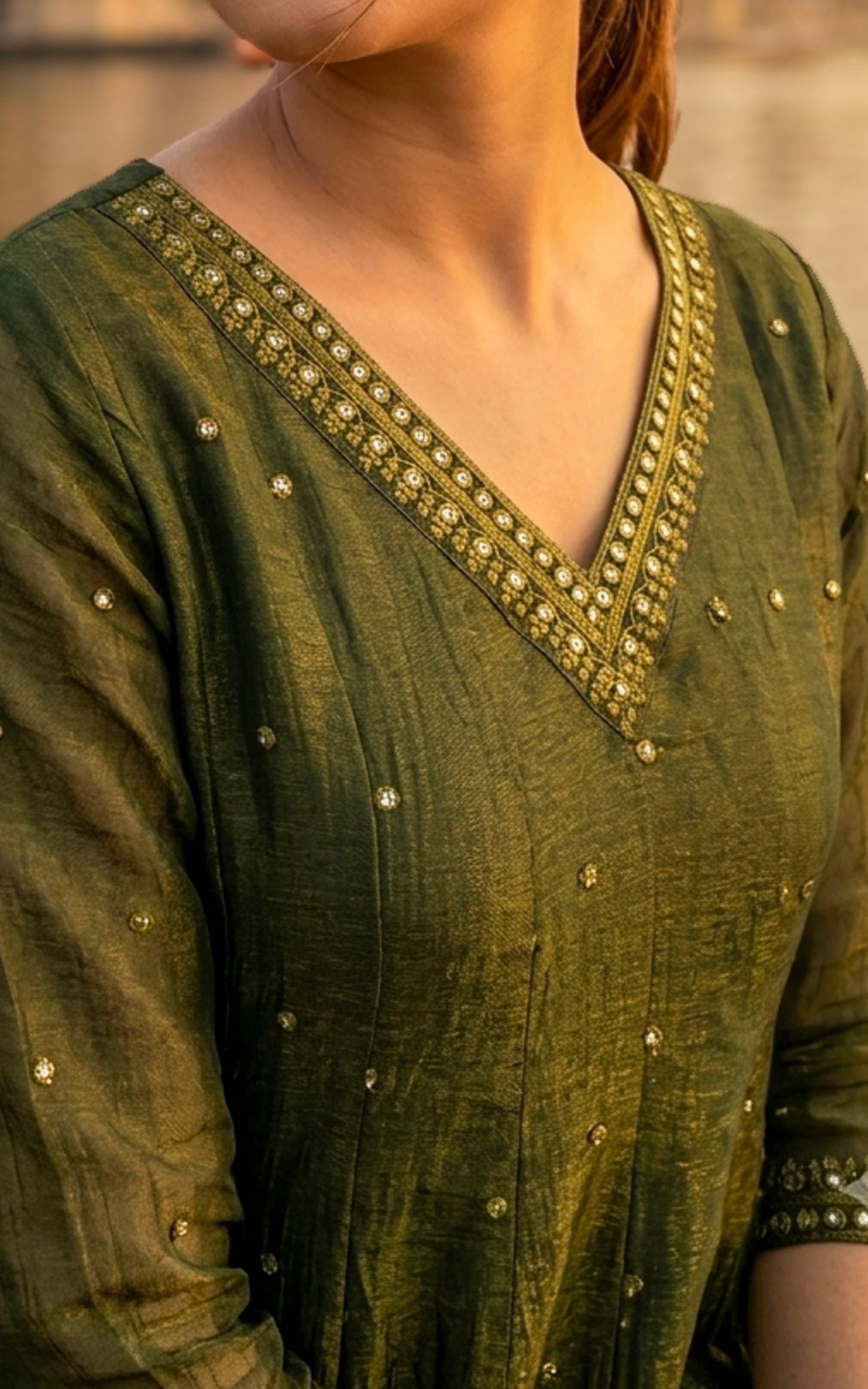 Instore – Dark Mehandi Green Mellinam Anarkali Kurti with Dupatta for Women – Crushed Tissue Silk – Sequin Embroidery – Festive Ethnic Wear