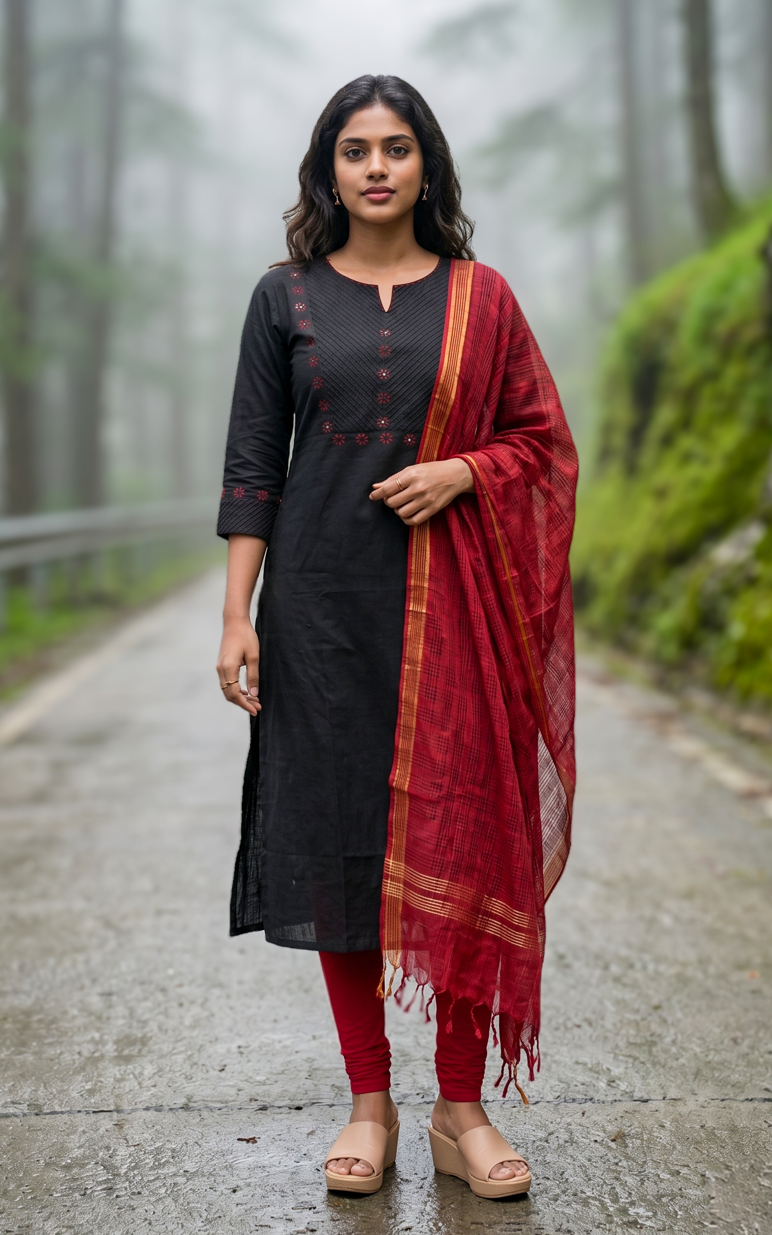Instore – Black Cotton Straight Cut Kurti with Dupatta for Women – Side Slit – Ethnic Wear
