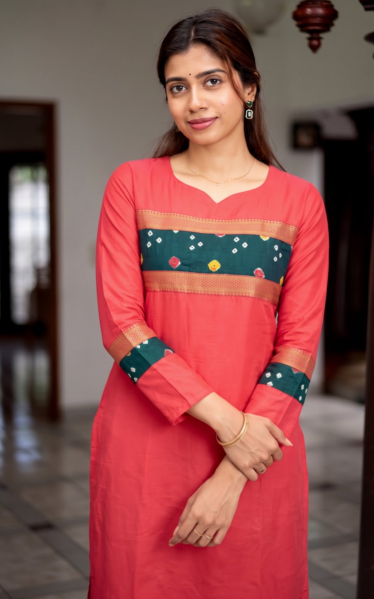 Pinkish Red Silk Cotton Traditional Straight Cut Kurti for Women