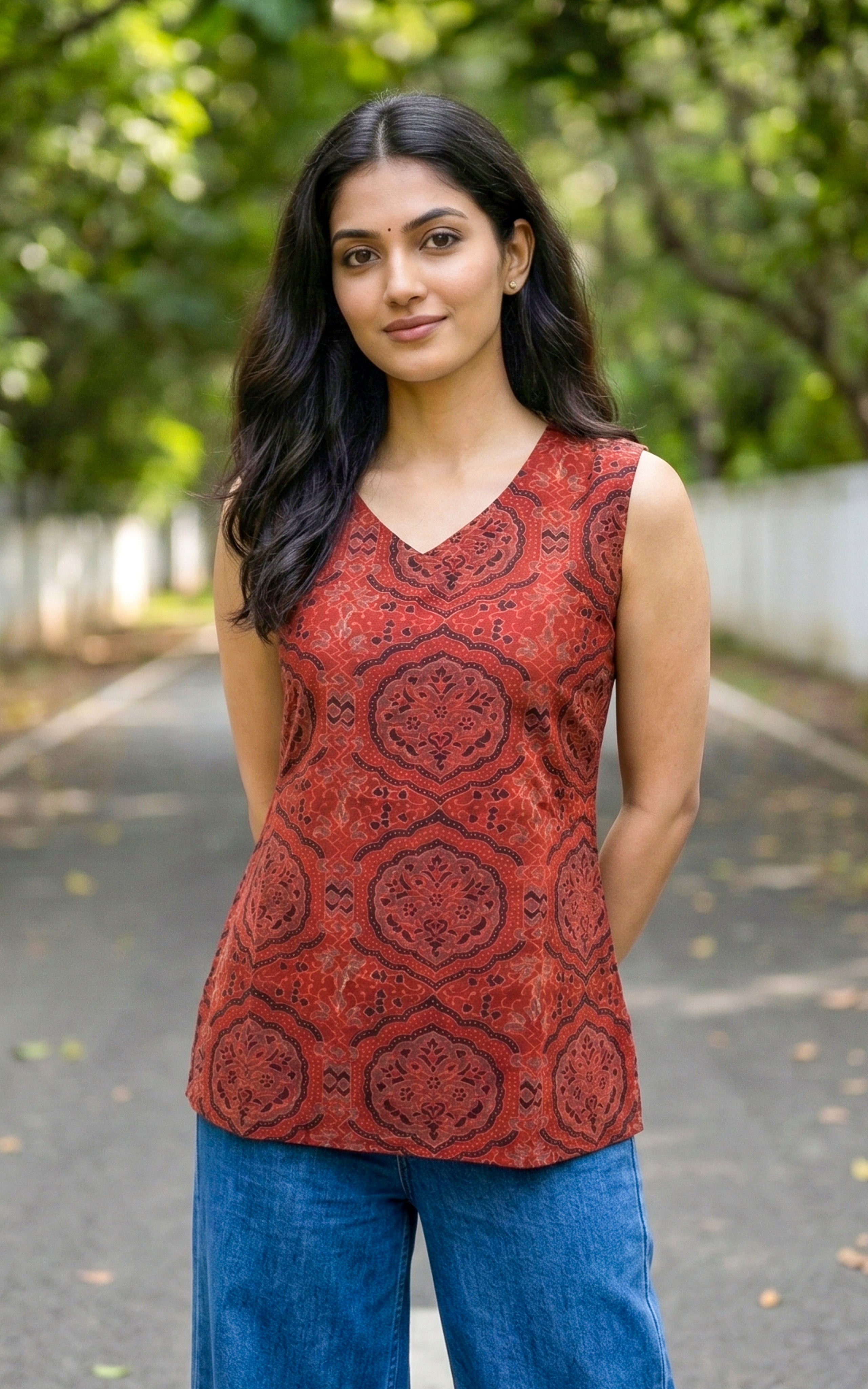 Rust Hand Block Printed Cotton Top for Women
Short Top with Side Slit for Women