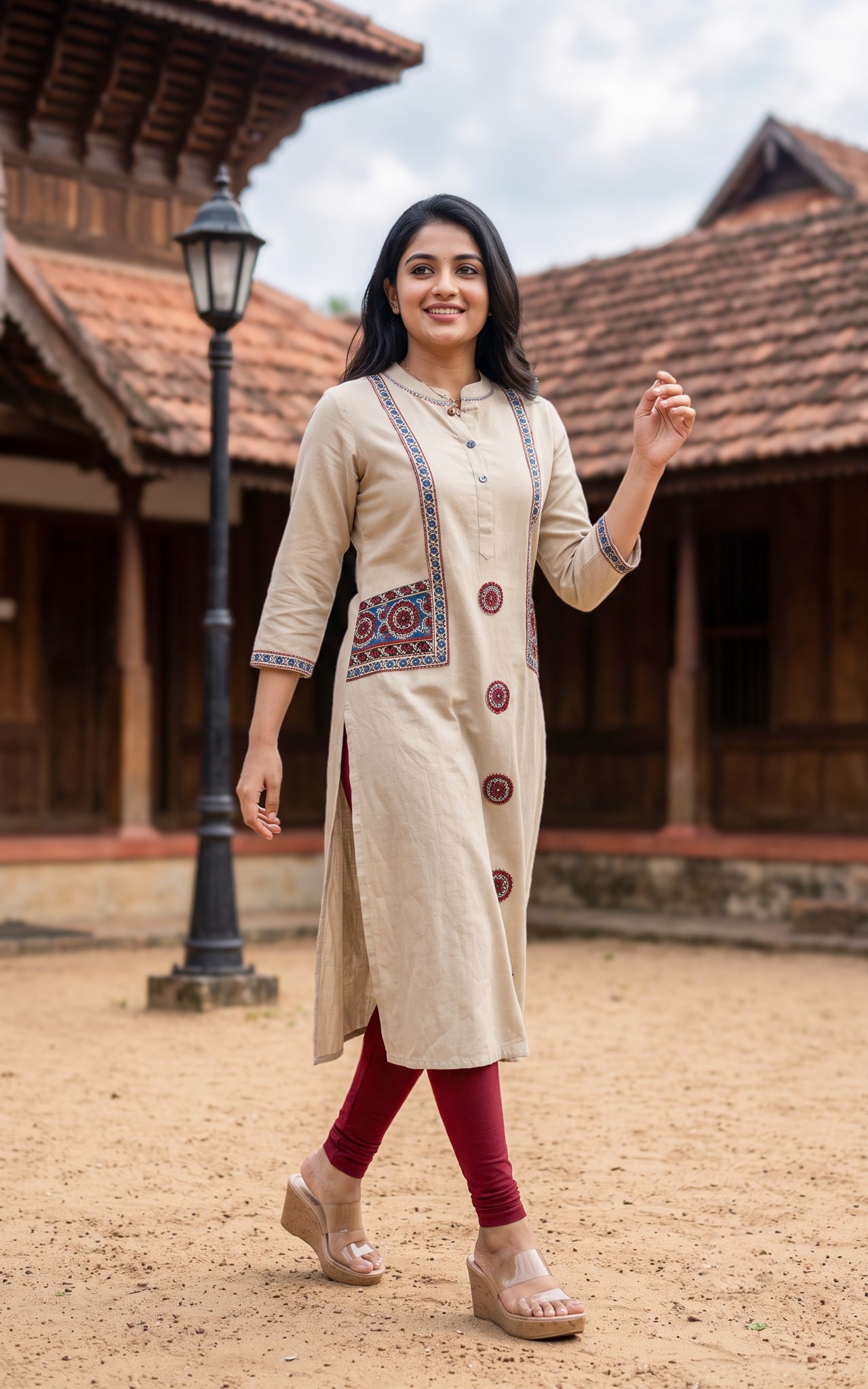 Beige Cotton Ethnic Wear Kurti for Women