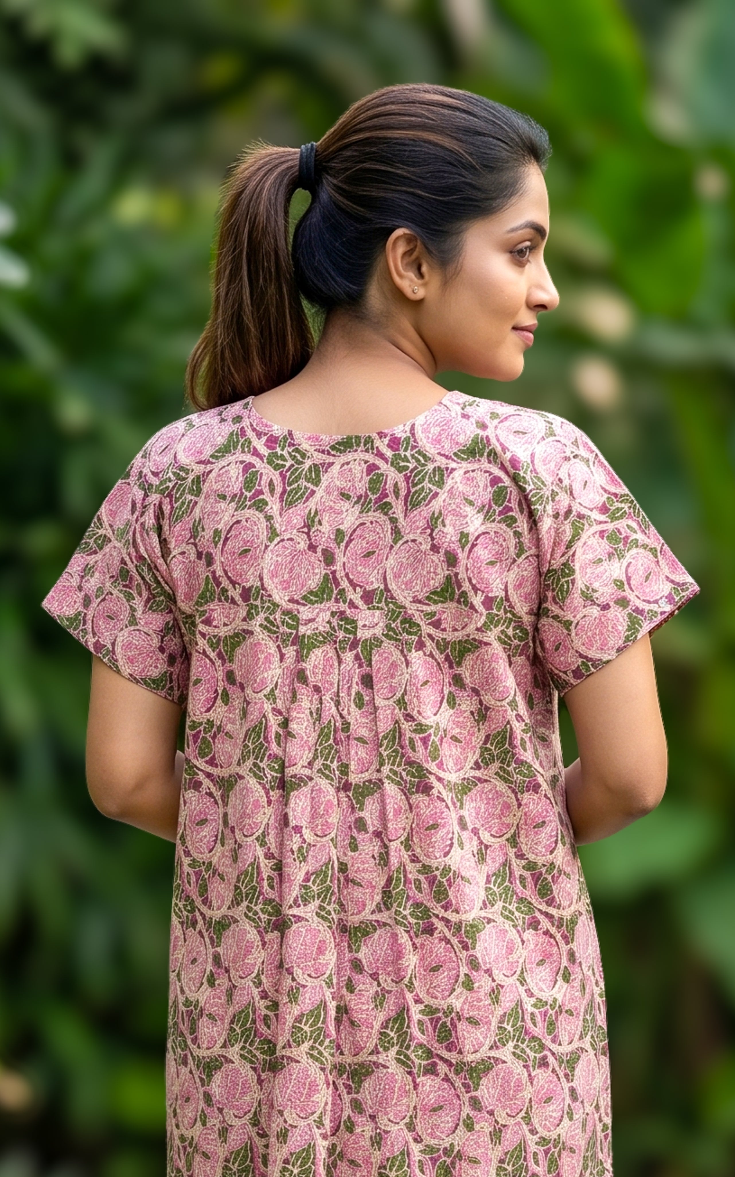 Instore - Multicolor Floral Print Cotton Long Nighty with Side Pocket, Relaxed Fit, Women's Sleepwear