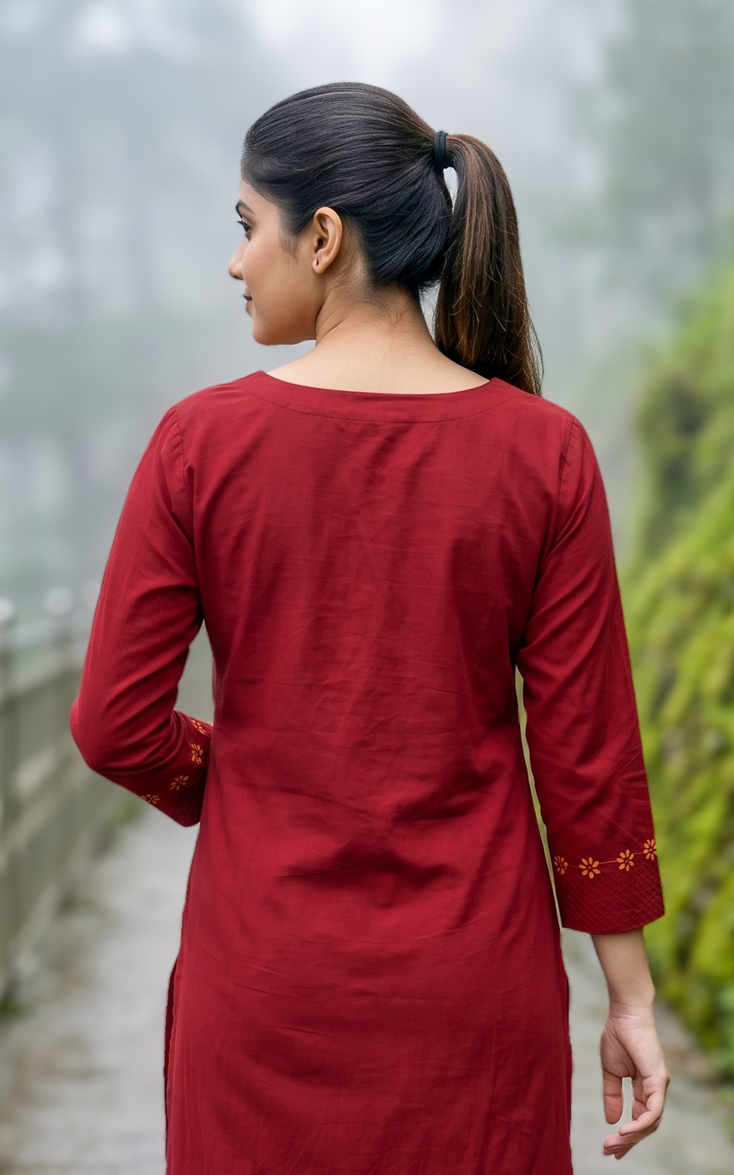 Instore – Maroon Cotton Straight Cut Kurti with Dupatta for Women – Side Slit – Ethnic Wear
