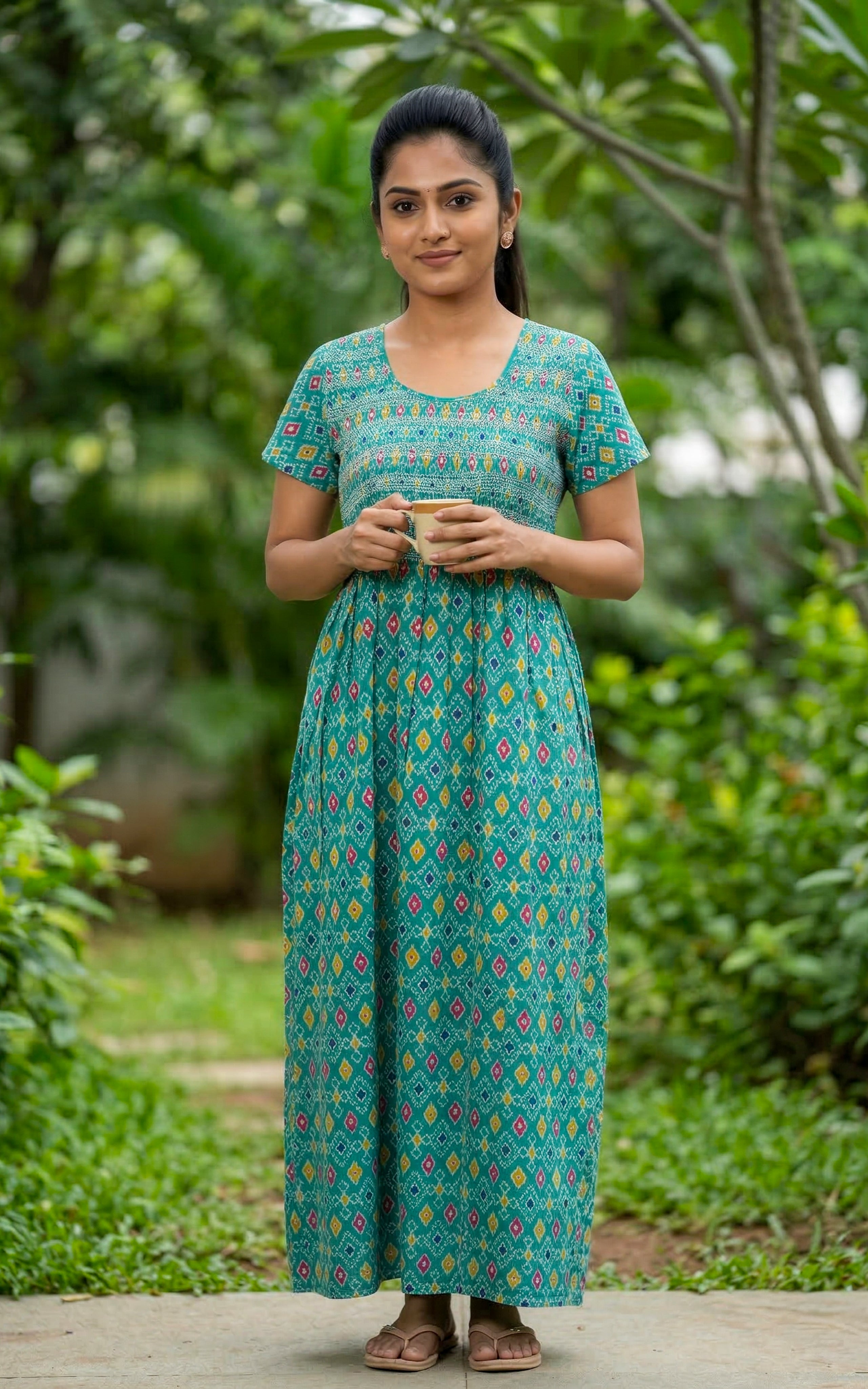 Instore – Aqua Green Cotton Long Nighty, Smocked Body with Printed Yoke Panel, Round Neck, Relaxed Fit, Women's Sleepwear