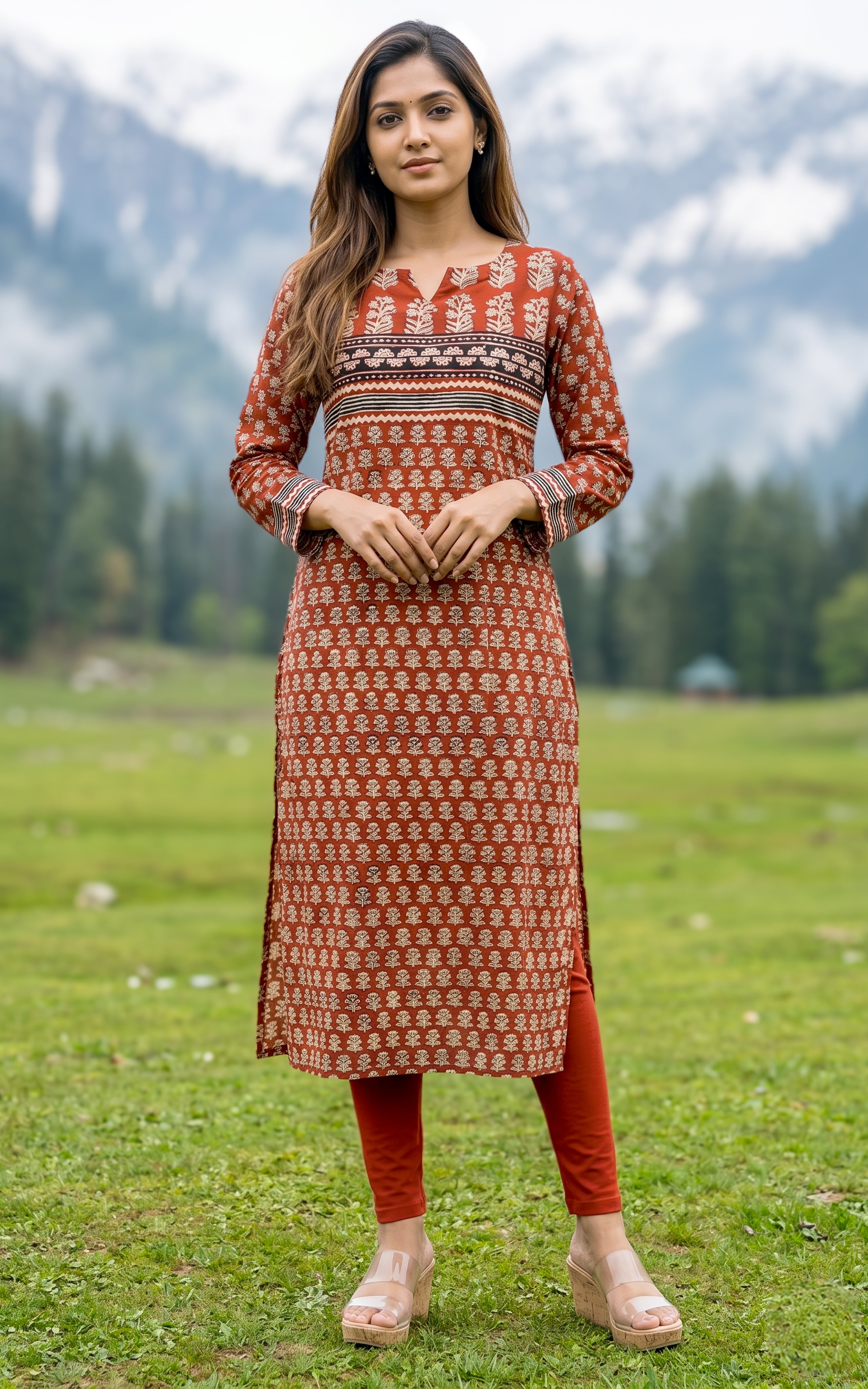 Rust handblock printed cotton kurti for women