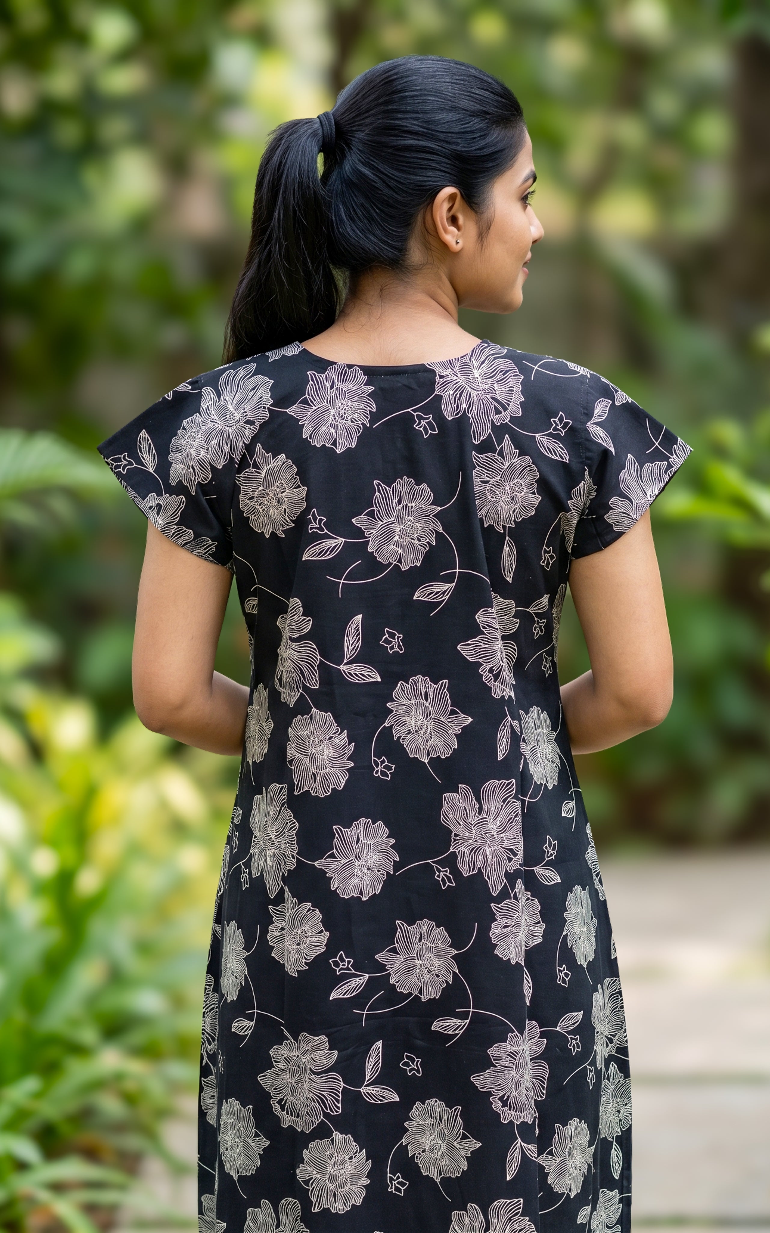 Instore - Black Floral Print Cotton Long Nighty with Button Placket, Side Pocket, Relaxed Fit, Women's Sleepwear