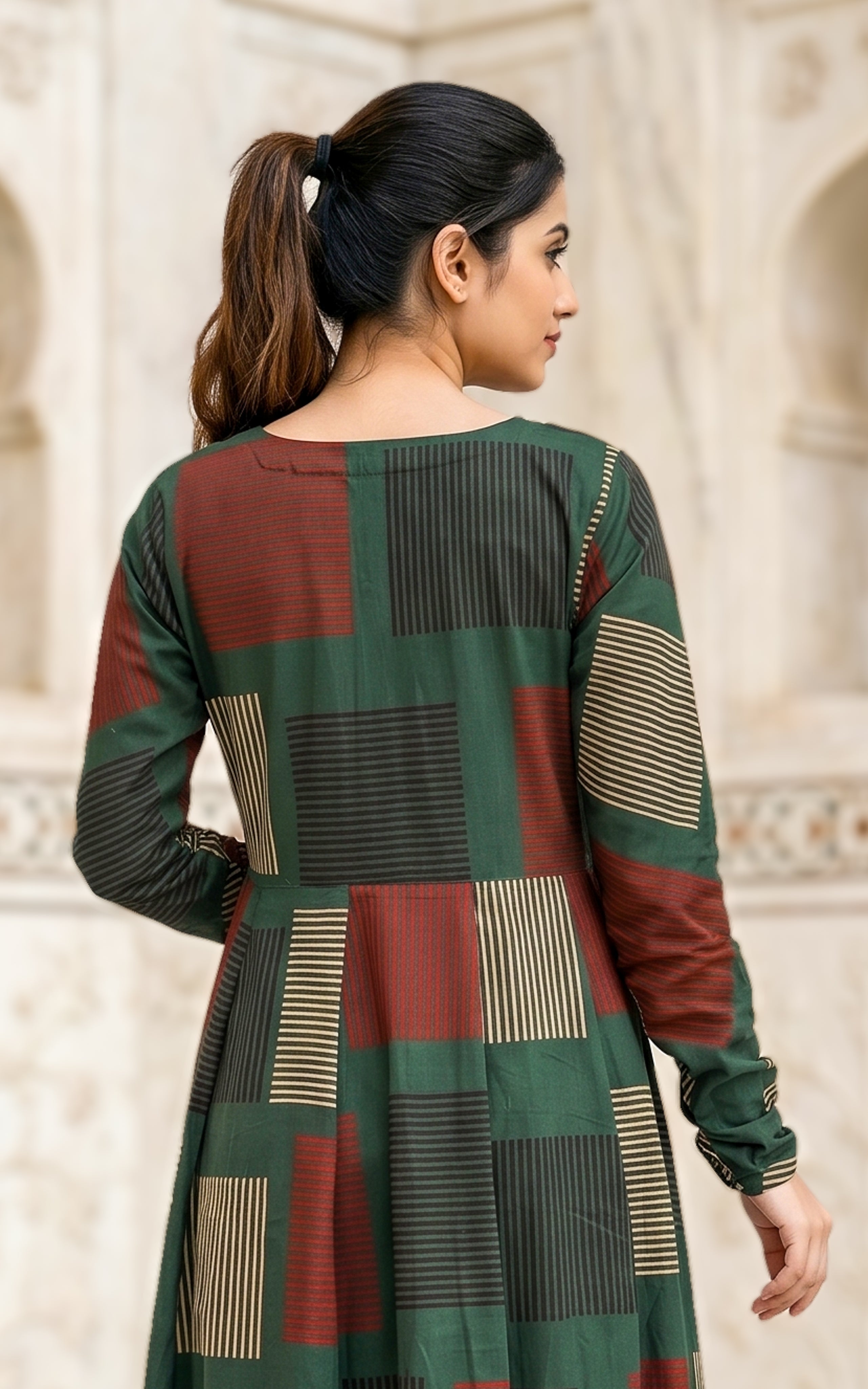Instore - Green Color Printed Cotton Flared Anarkali Kurti with Line Embroidery & Sweetheart Neck with Gathered Sleeve