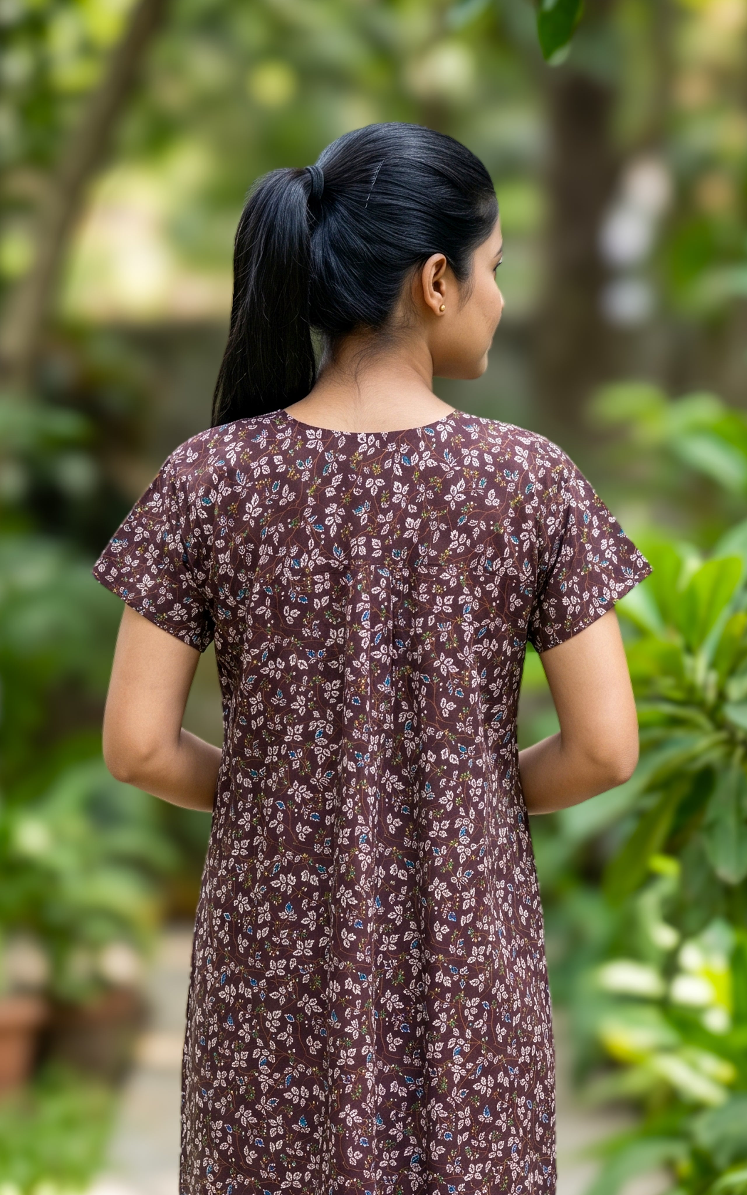 Instore - Dark Brown Floral Print Cotton Long Nighty with Side Pocket, Relaxed Fit, Women's Sleepwear