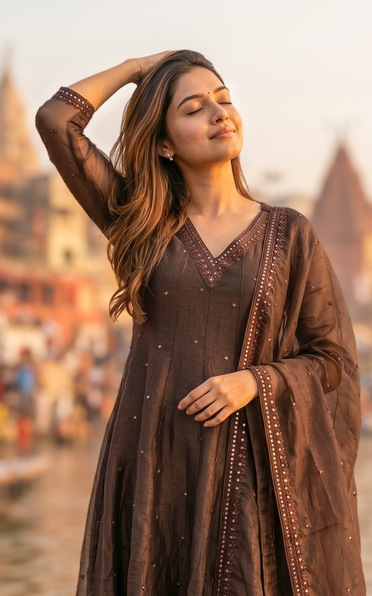 Instore – Dark Brown Mellinam Anarkali Kurti with Dupatta for Women – Crushed Tissue Silk – Sequin Embroidery – Festive Ethnic Wear
