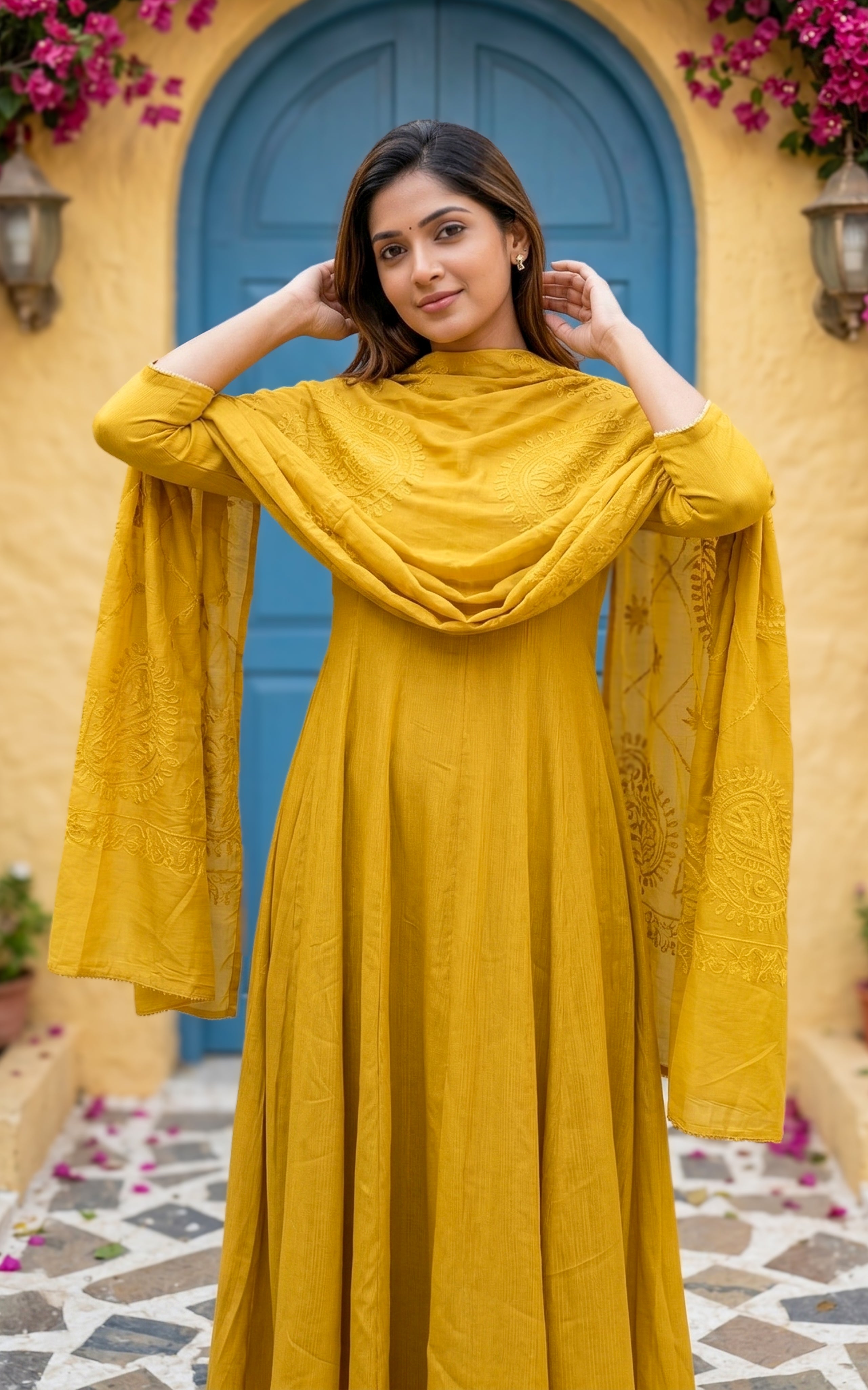 Instore – Mustard Sreelekha Anarkali Kurti with Dupatta for Women – Crushed Faux Silk – Golden Detailing – Festive Ethnic Wear