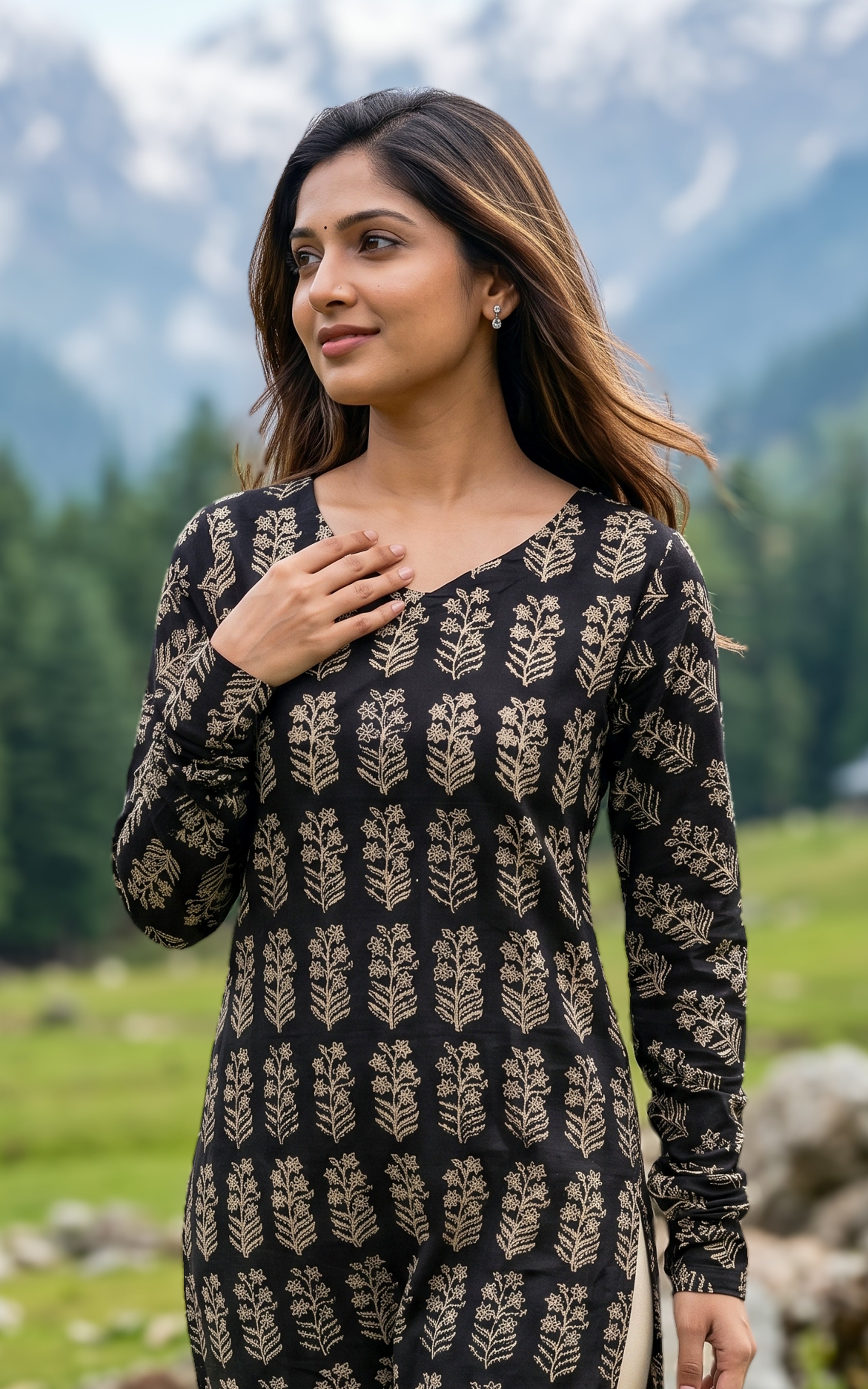 Black casual wear handblock kurti for women