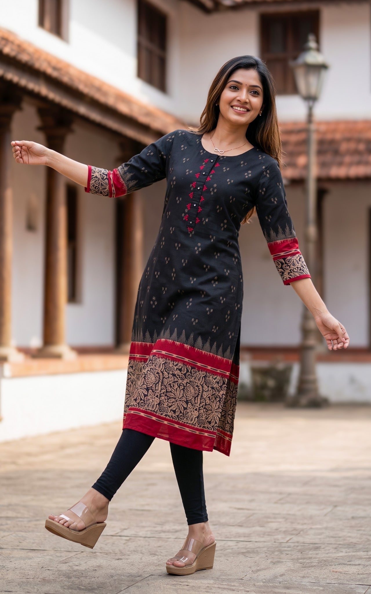 Black and Red Cotton Casual Wear Kurti for Women