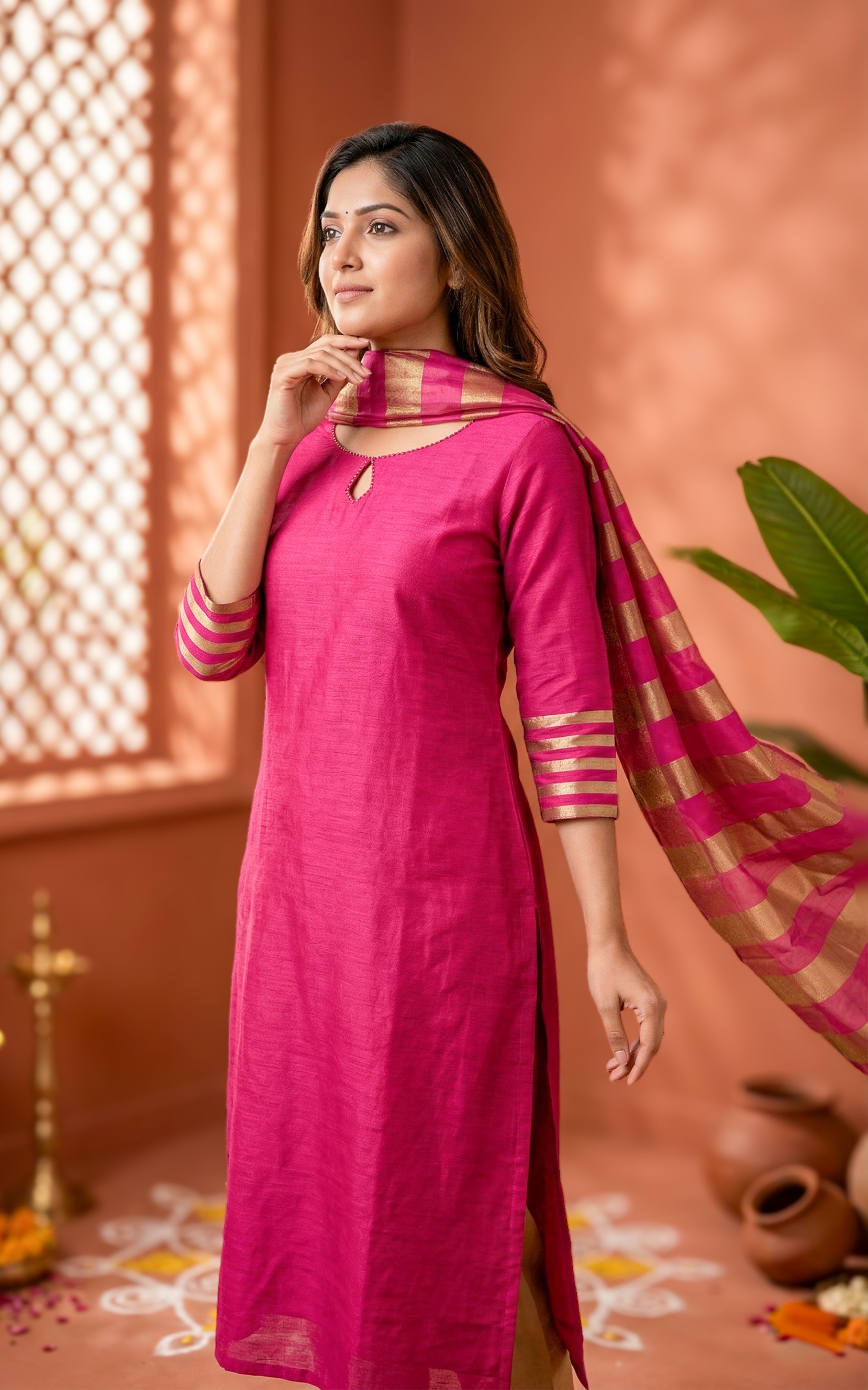 Nilavazhagi Pink (Kurti+Dupatta)