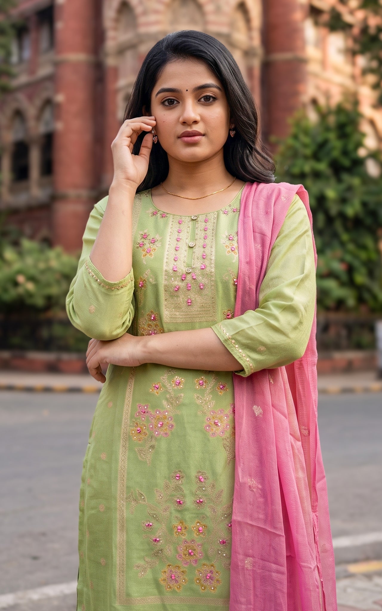Pista Green Art Silk Kurti Set for Women