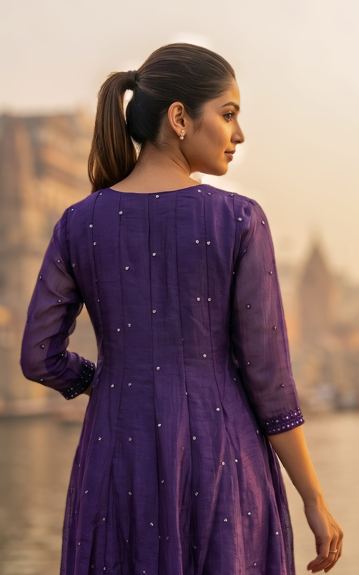 Instore – Dark Purple Mellinam Anarkali Kurti with Dupatta for Women – Crushed Tissue Silk – Sequin Embroidery – Festive Ethnic Wear