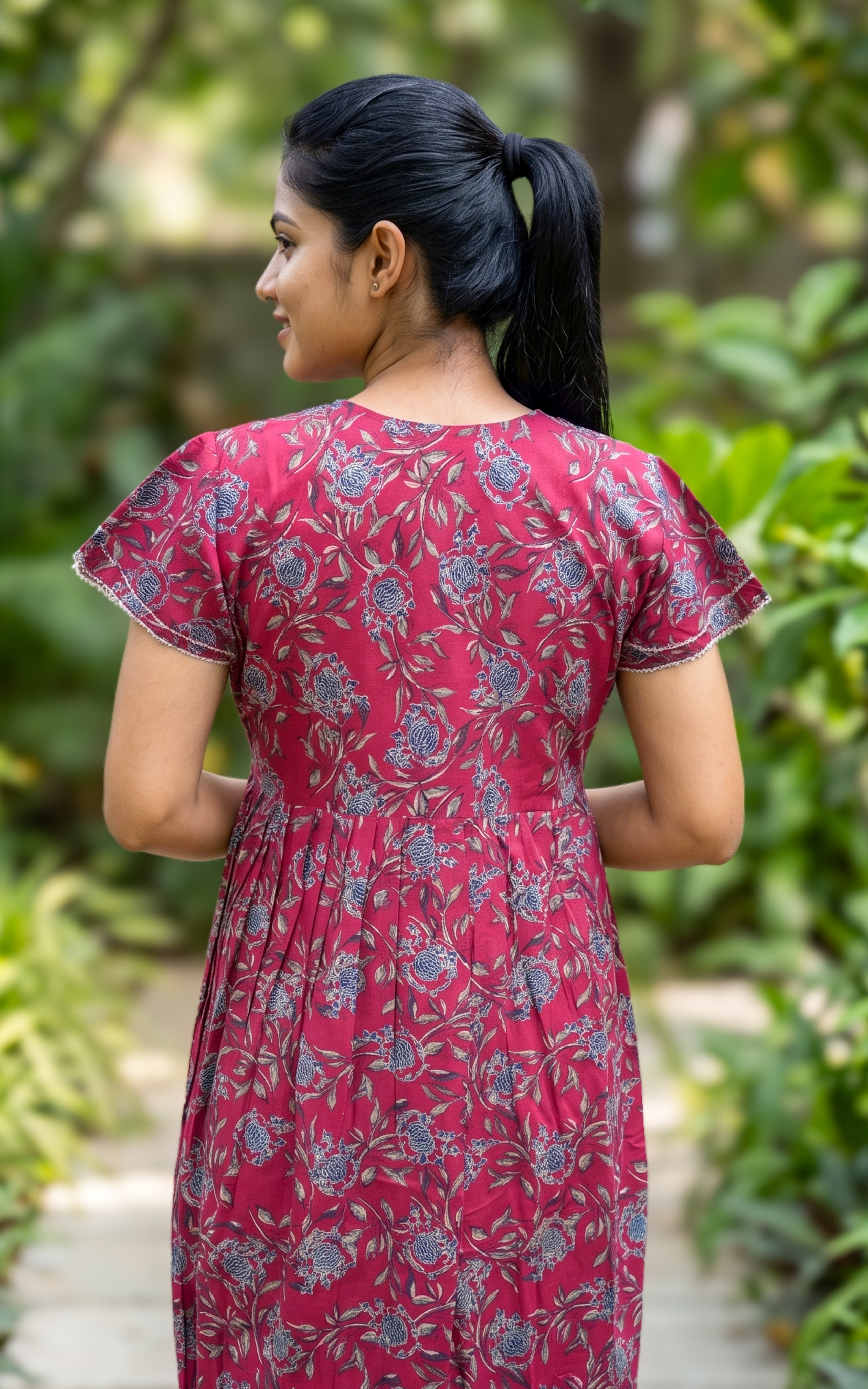 Instore - Maroon Floral Print Cotton A-line Long Nighty with Side Pocket, Relaxed Fit, Women's Sleepwear