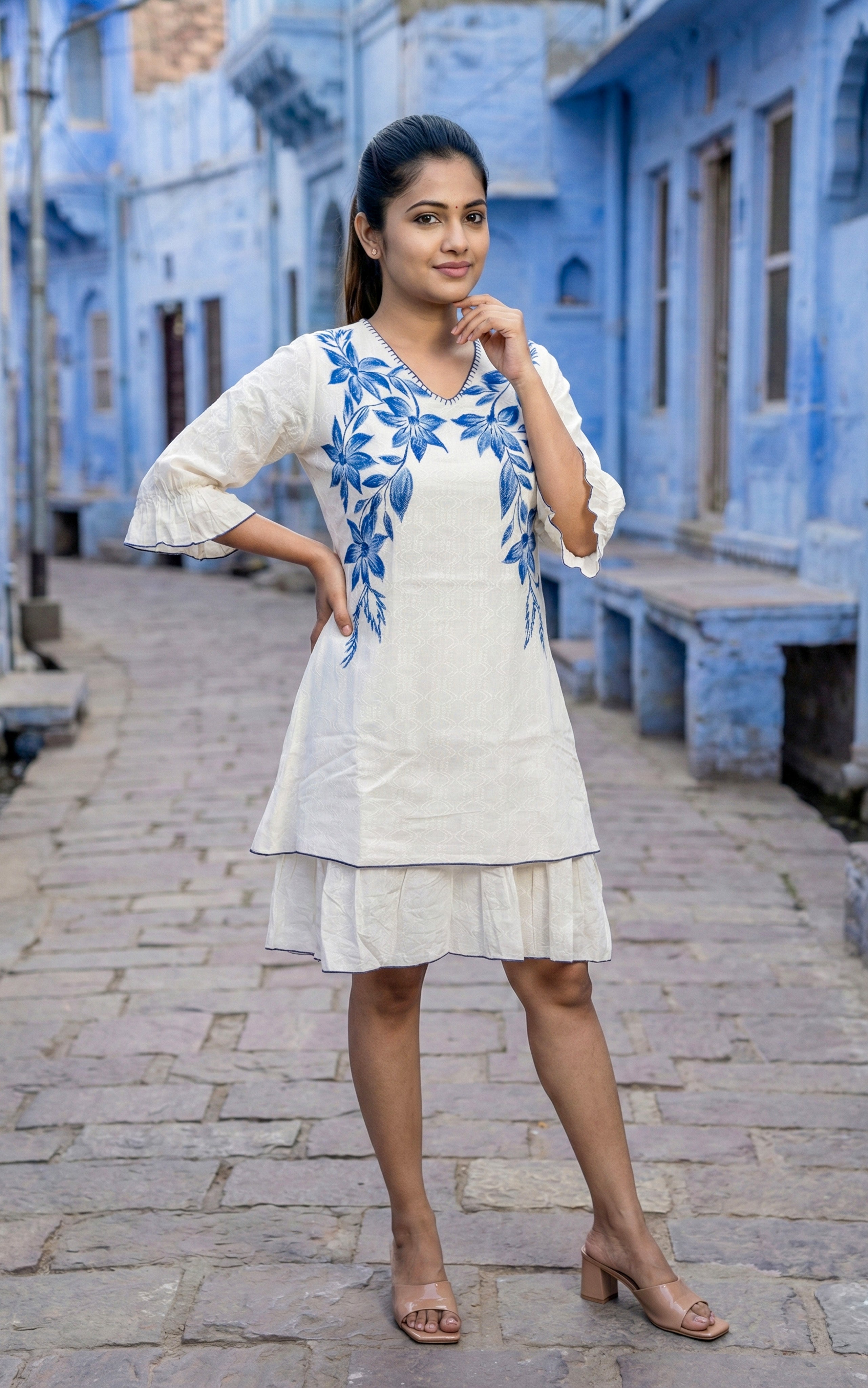 Hand Painted Floral V-Neck Short Top with Layered Hem