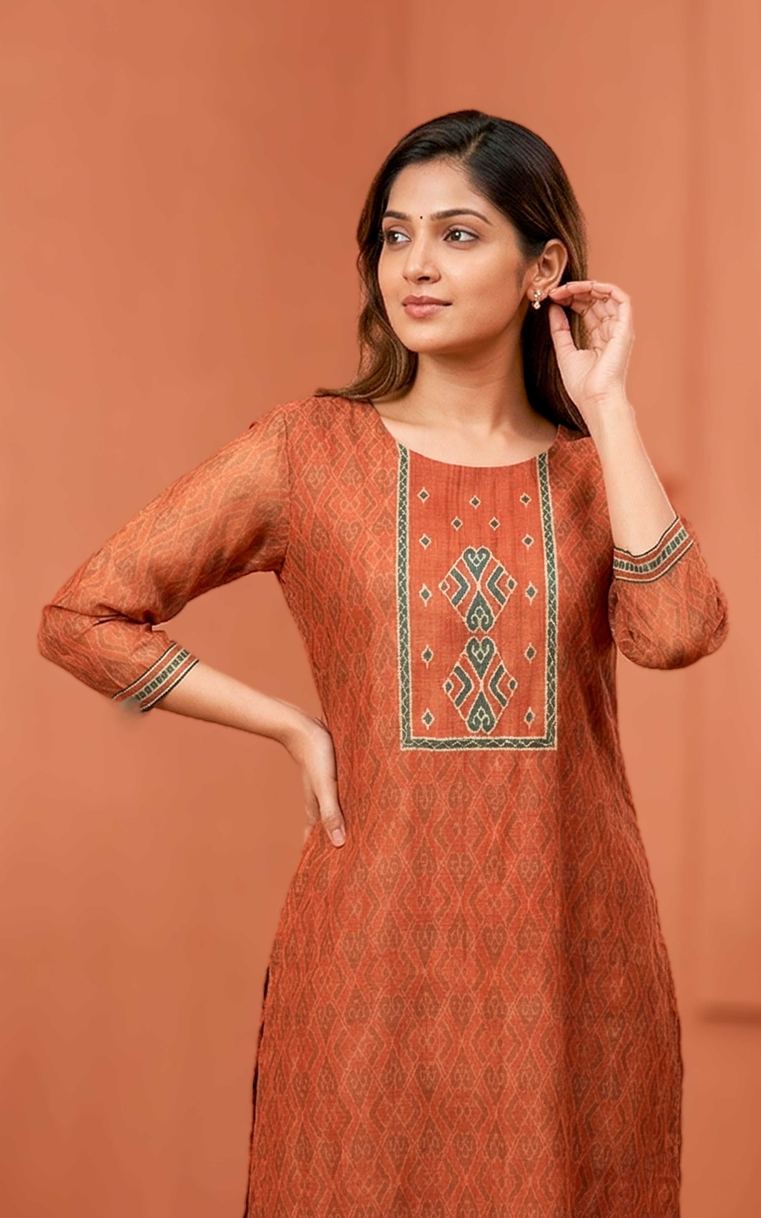 Rust ethnic wear art silk kurti for women