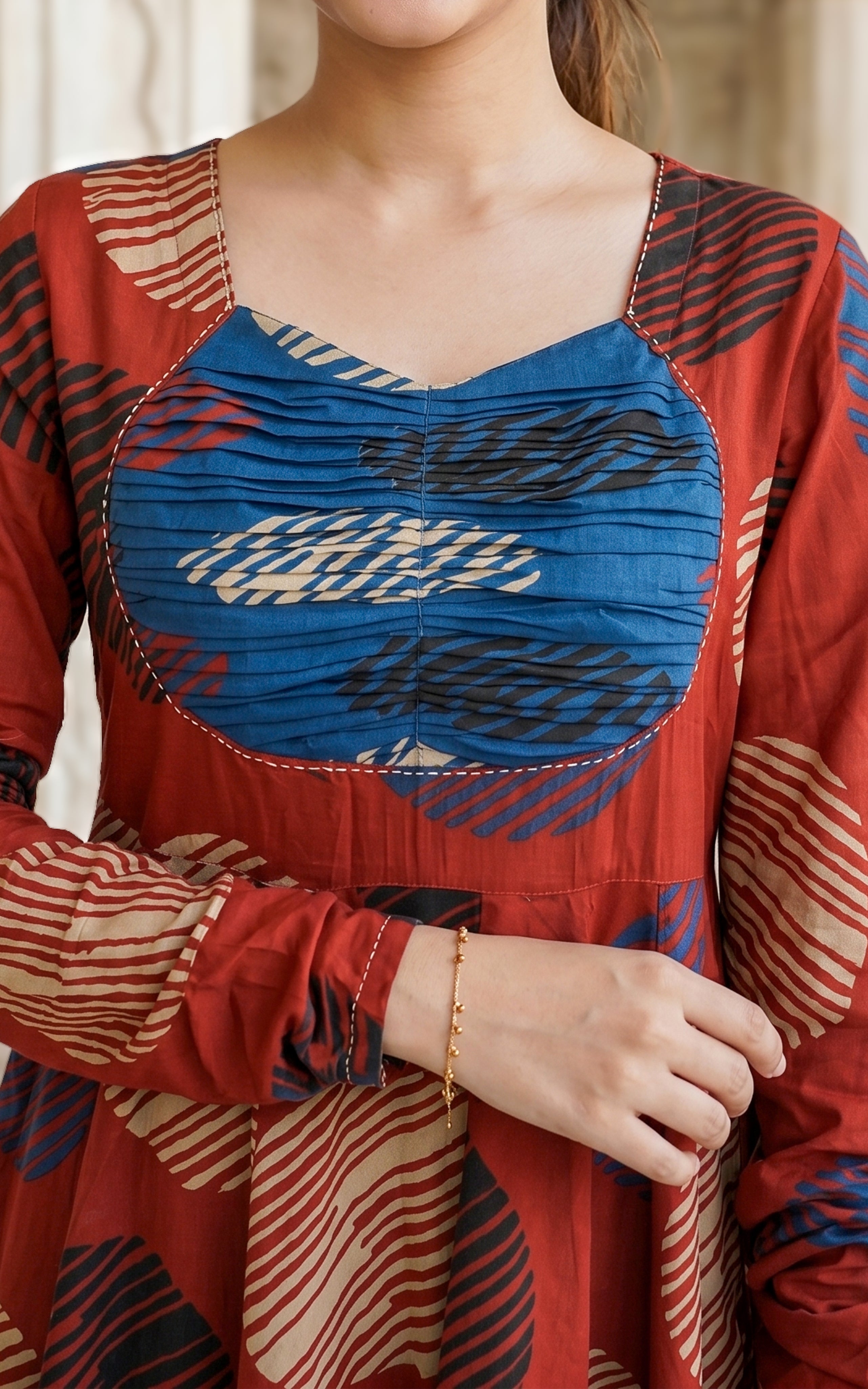 Instore - Maroon Color Printed Cotton Flared Anarkali Kurti with Line Embroidery & Sweetheart Neck with Gathered Sleeve