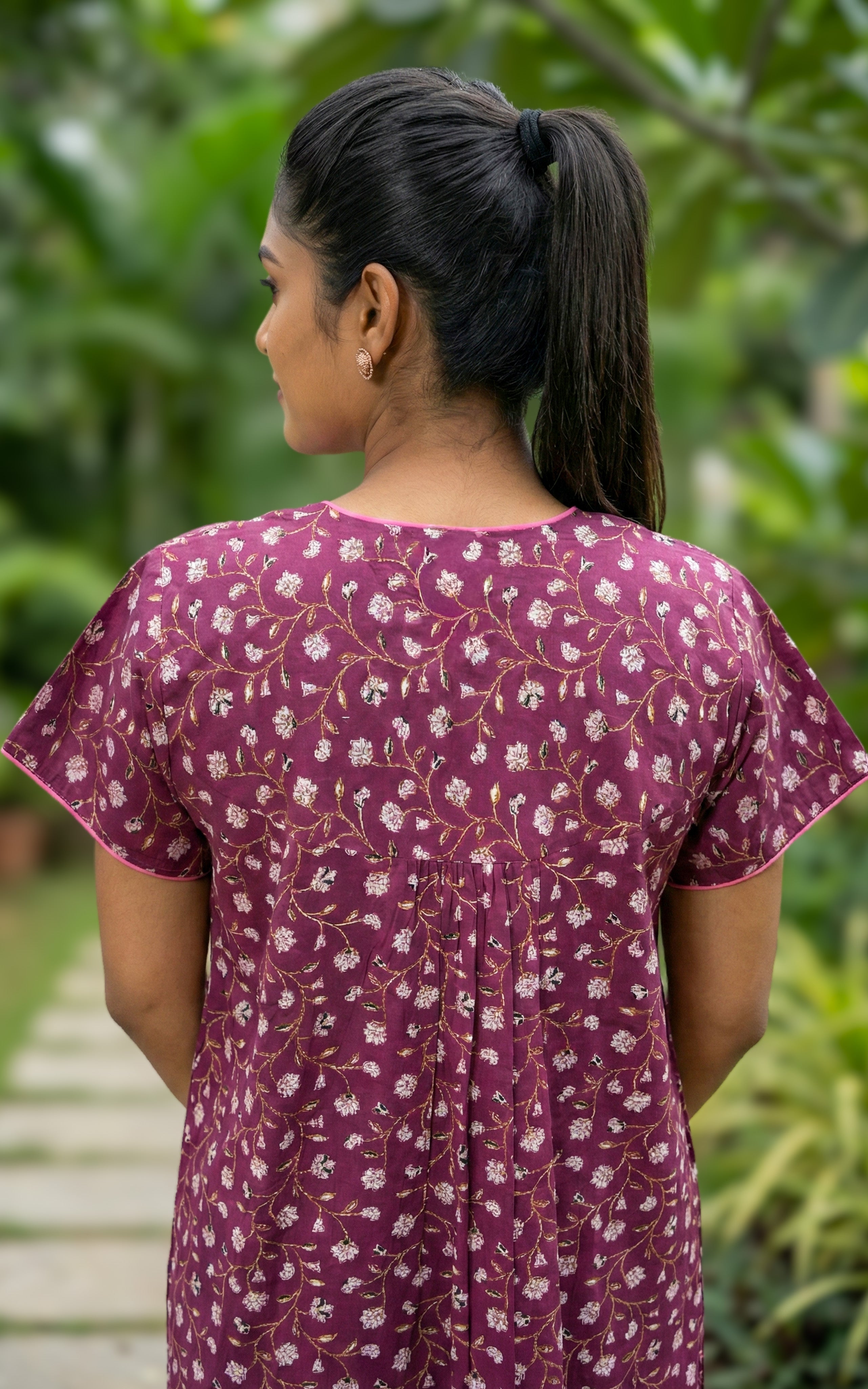 Instore – Wine Cotton Long Nighty, All-Over Small Floral Design, Round Neck with Pink Contrast Piping & Button Placket, Relaxed Fit, Women's Sleepwear