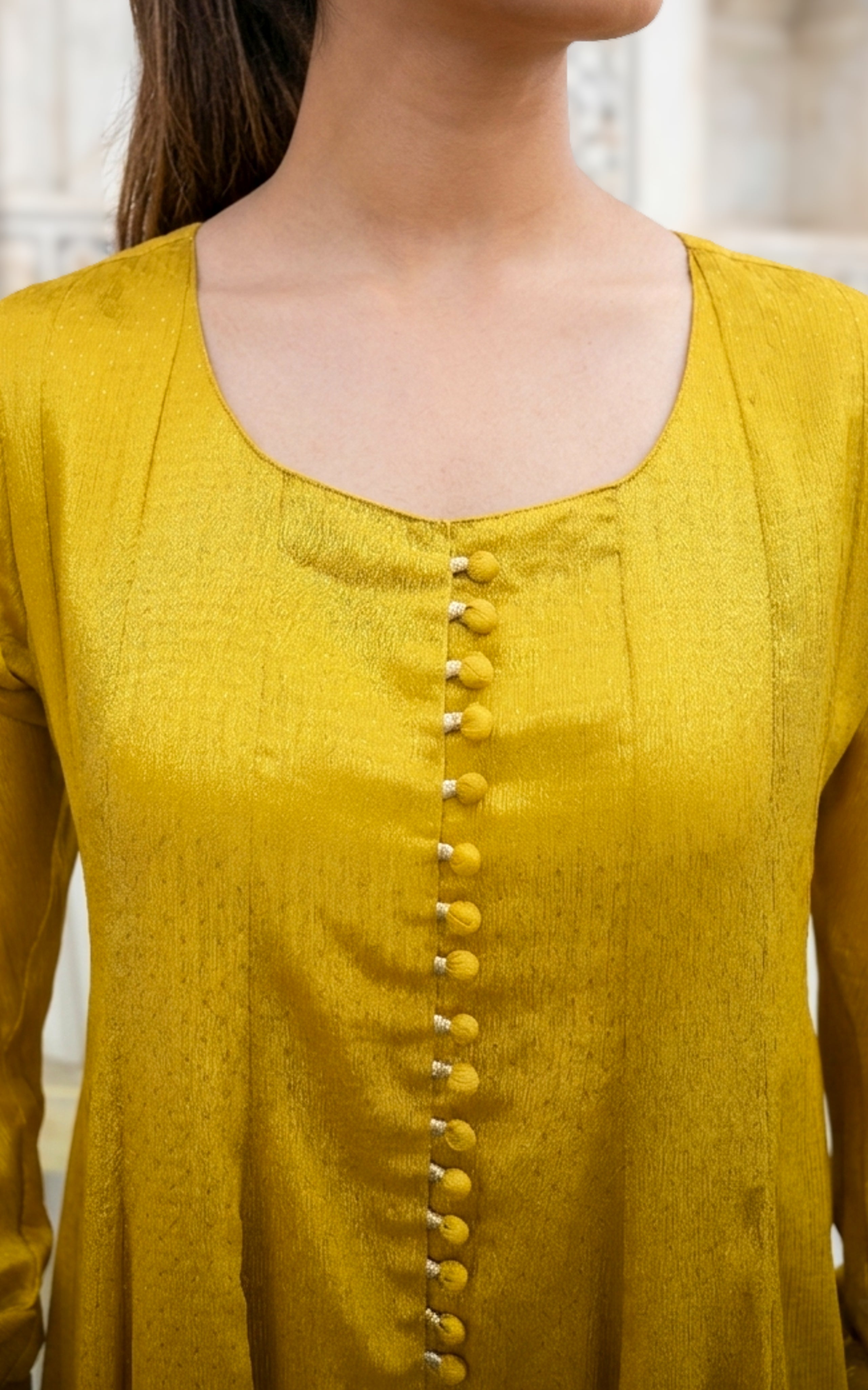 Mustard Anarkali kurti with gathered sleeves for women