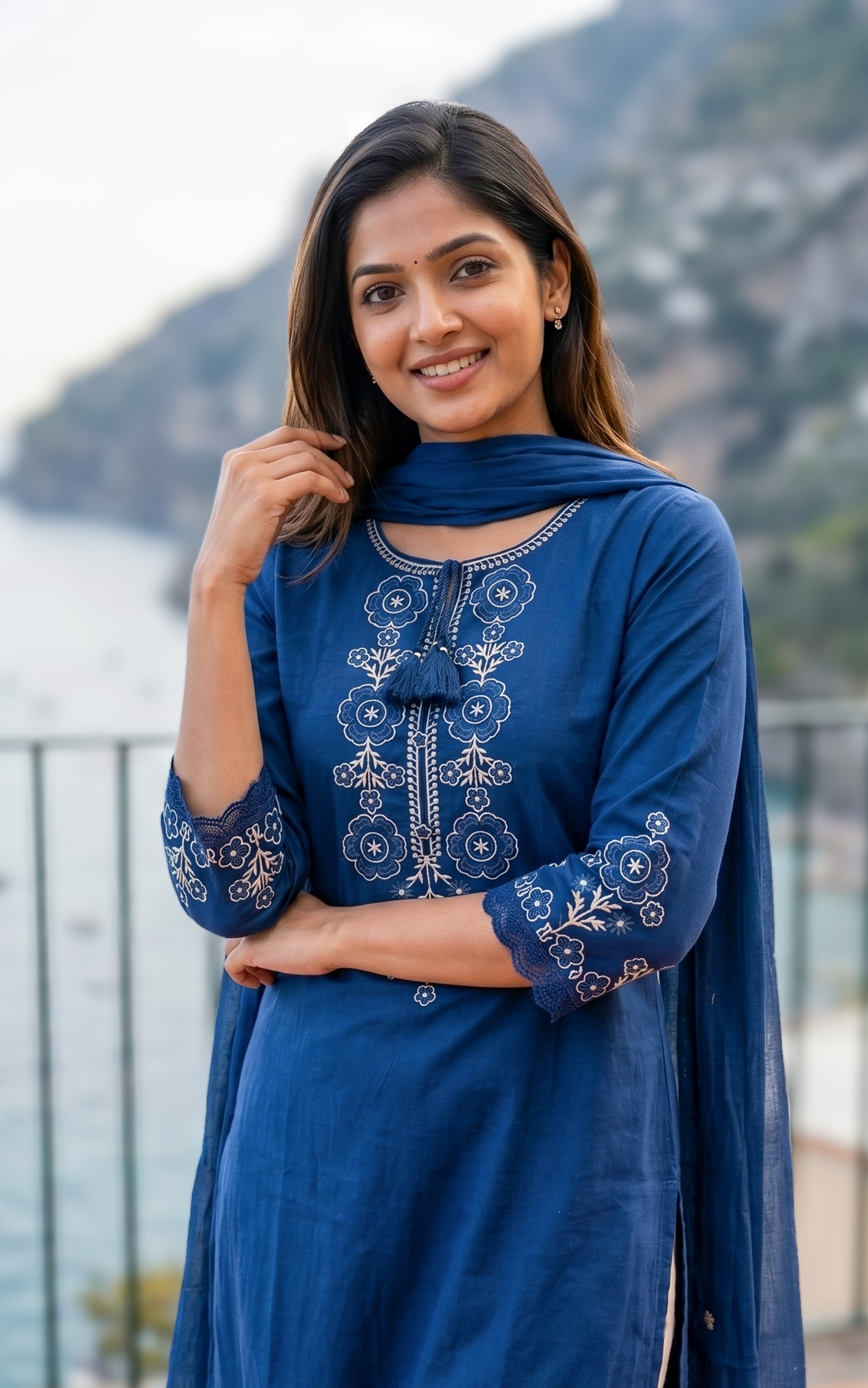 Blue straight cut cotton kurti for women