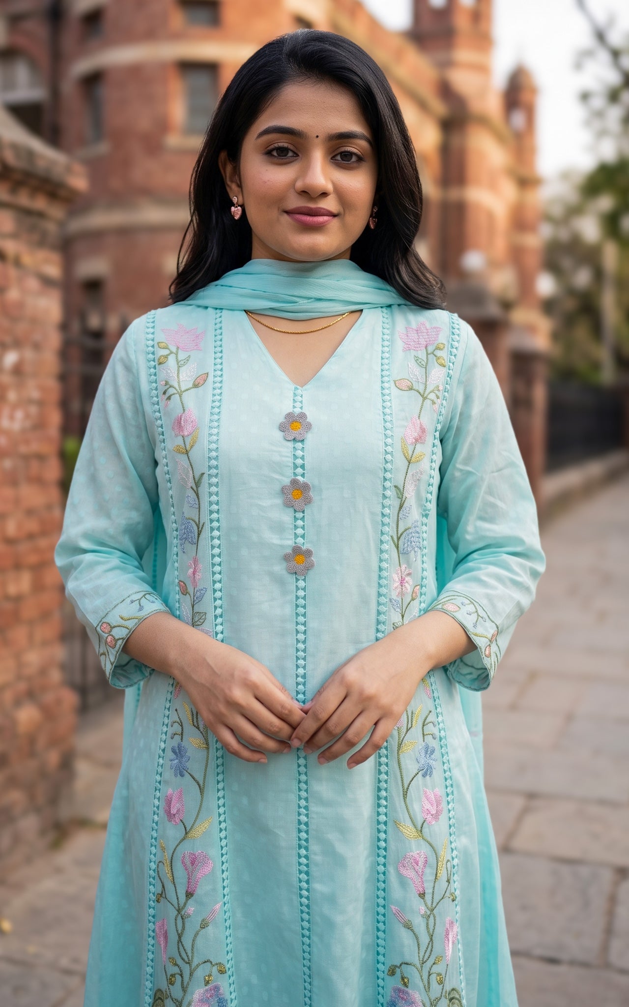 Light Sky Blue Cotton Anarkali Kurti with Elegant Lace Detailing for Women