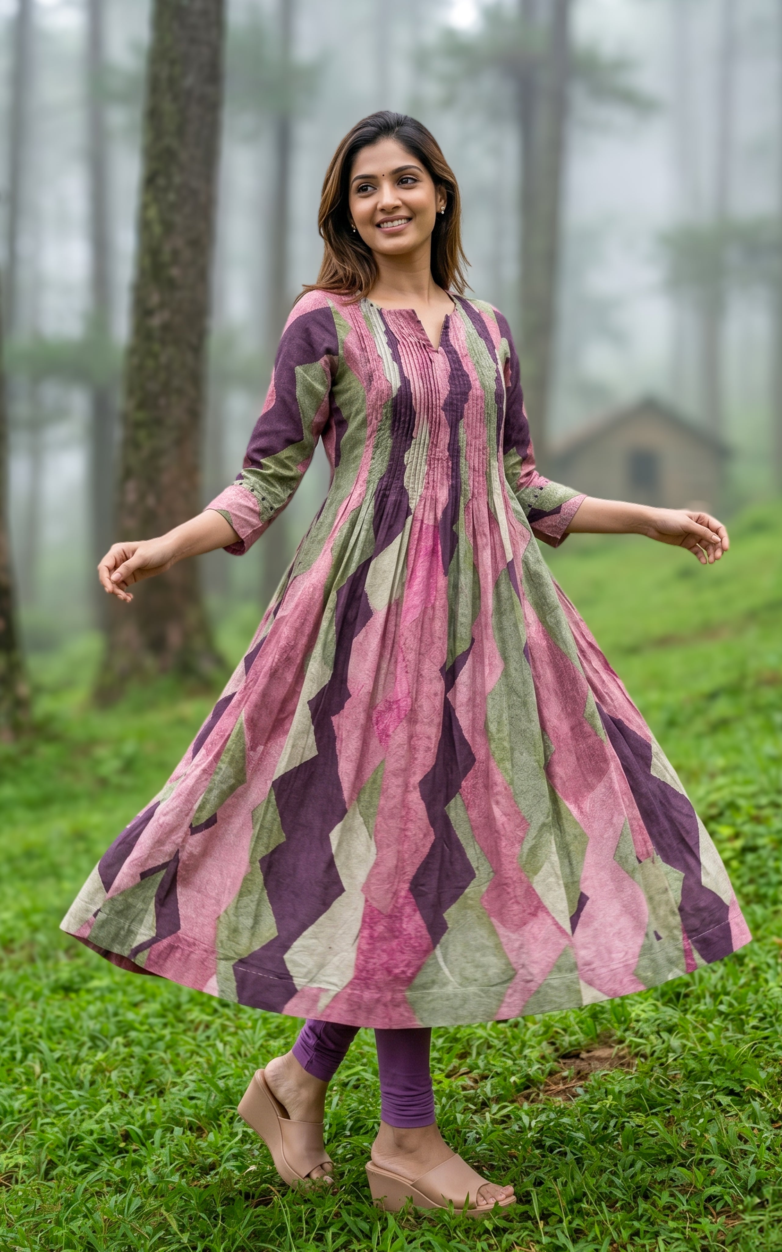Instore - Multicolor Cotton Flared Aline Kurti with Pintuck Detailing, No Lining