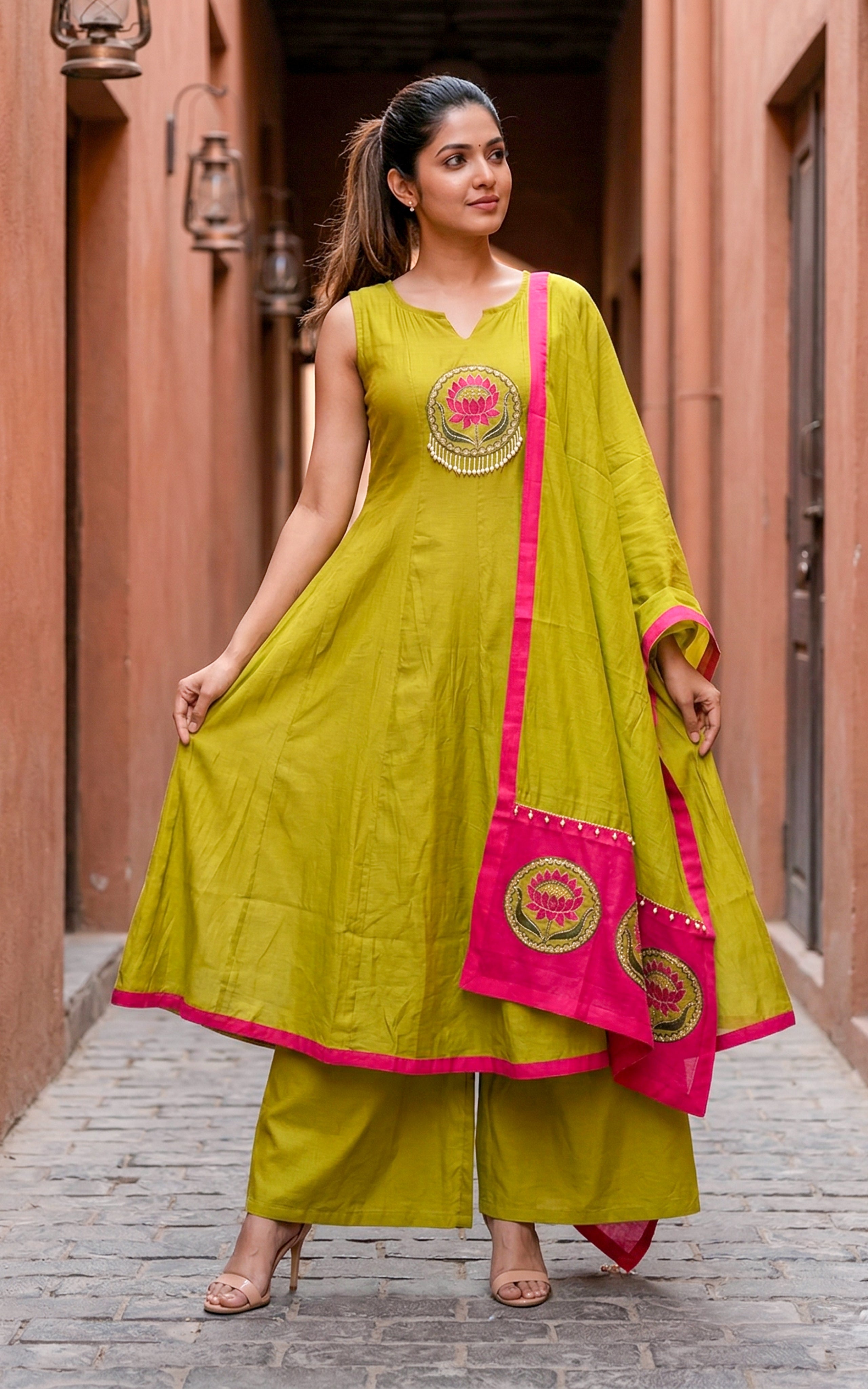 Instore – Mehandi Green Ilavenil Kurti Pant Dupatta Set for Women – Art Silk – Festive Ethnic Wear