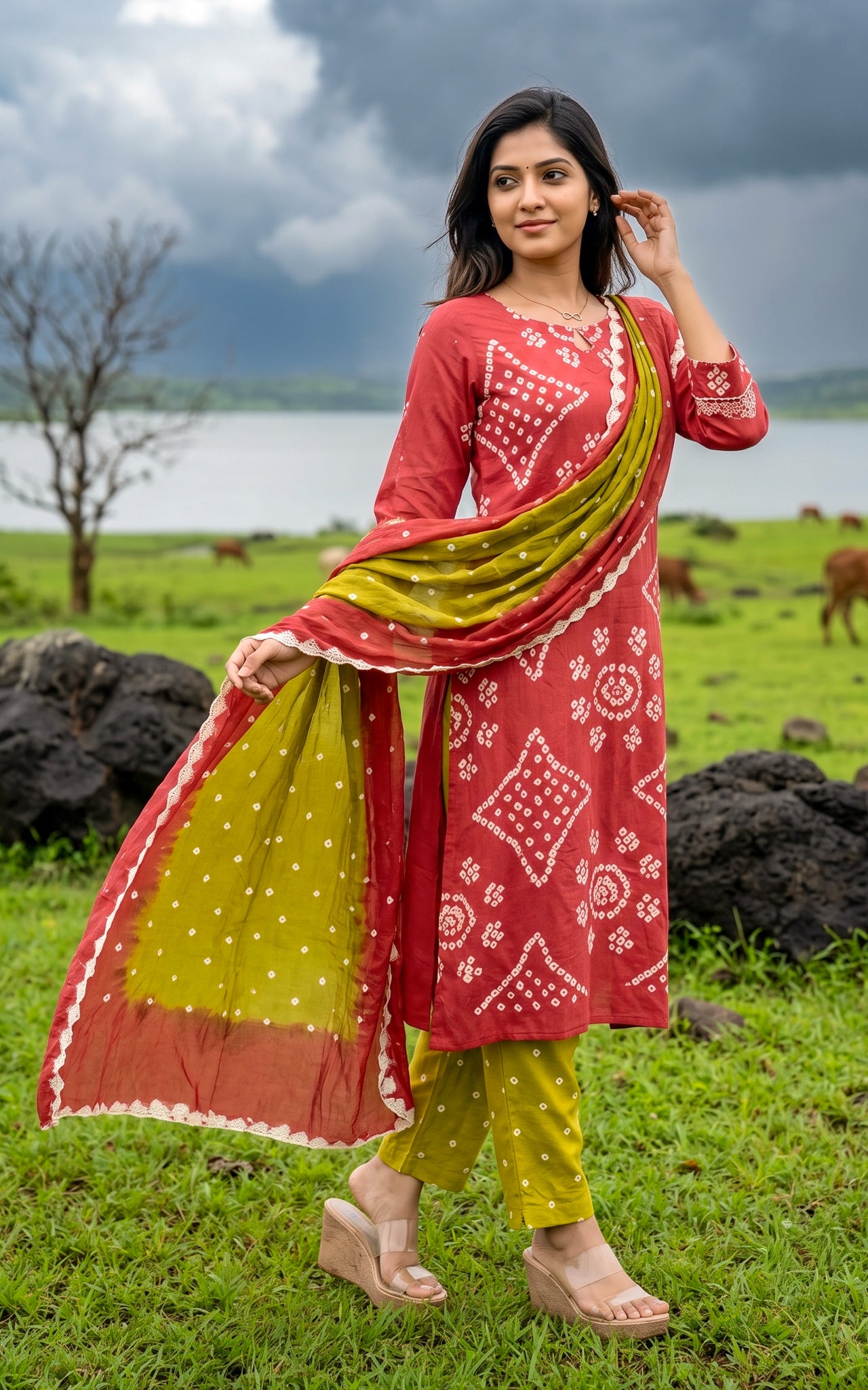Hibiscus and Lime Green Cotton Bandhani Kurti Set for Women