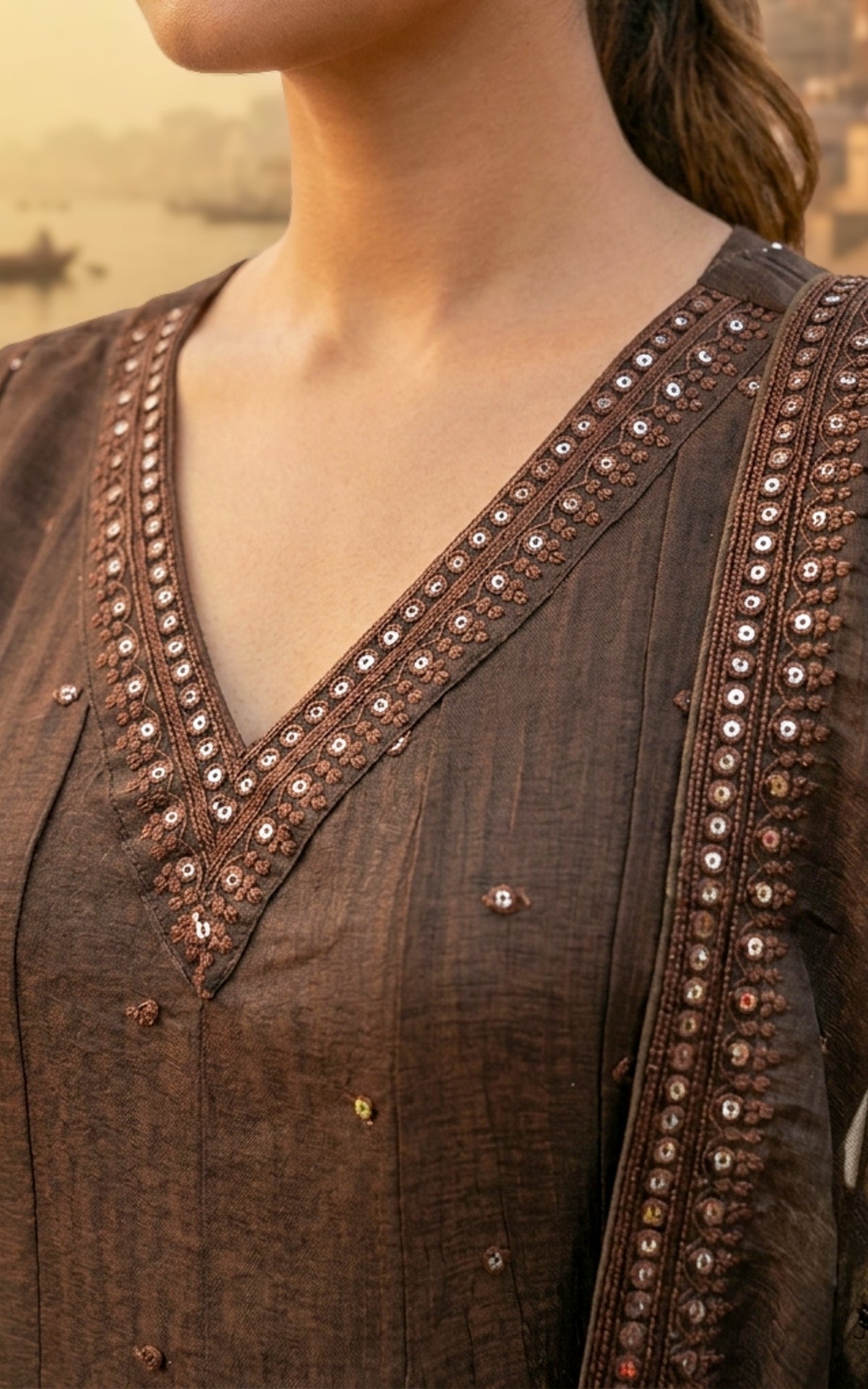 Instore – Dark Brown Mellinam Anarkali Kurti with Dupatta for Women – Crushed Tissue Silk – Sequin Embroidery – Festive Ethnic Wear