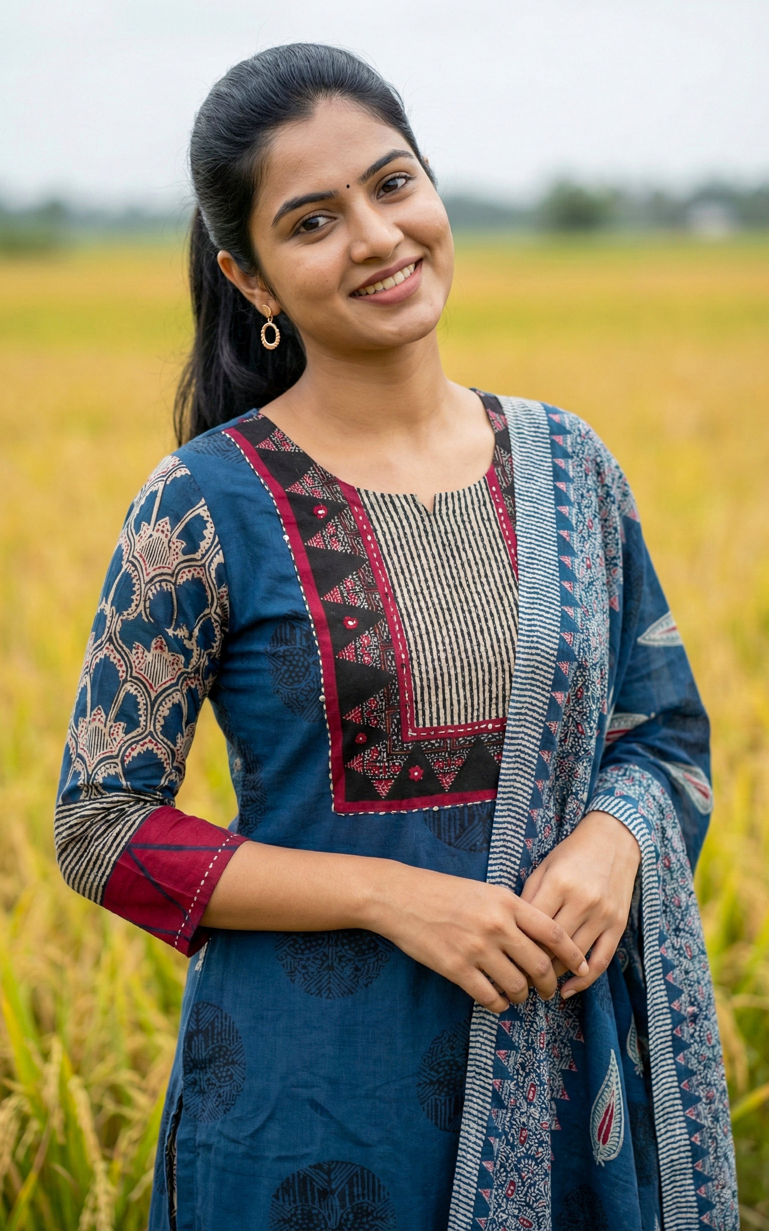 Instore - Blue Printed Cotton Straight Cut Kurti with Side Slit, Paired with Printed Dupatta, No Lining