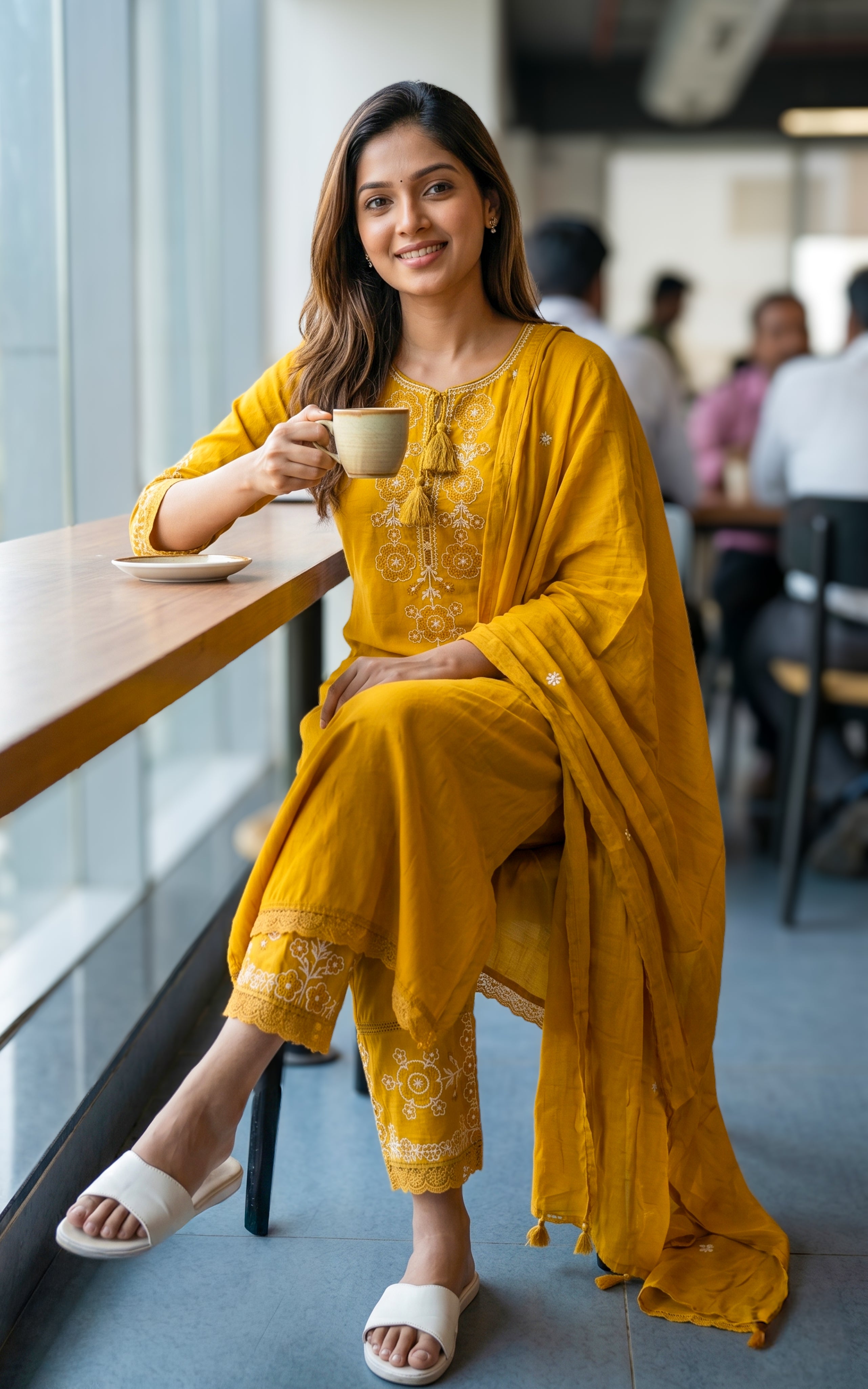 Mustard cotton kurti set for women