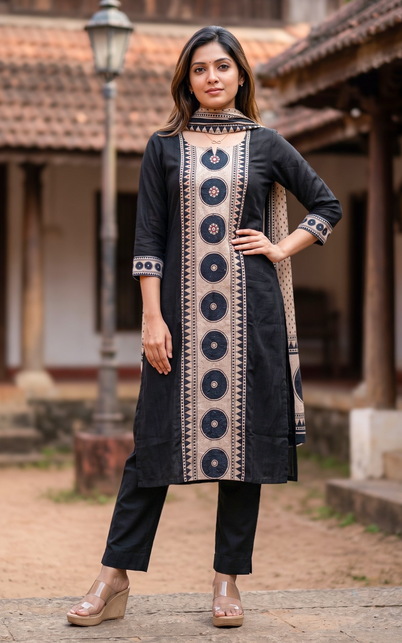 Black Art Silk Blend Kurti Set for Women
