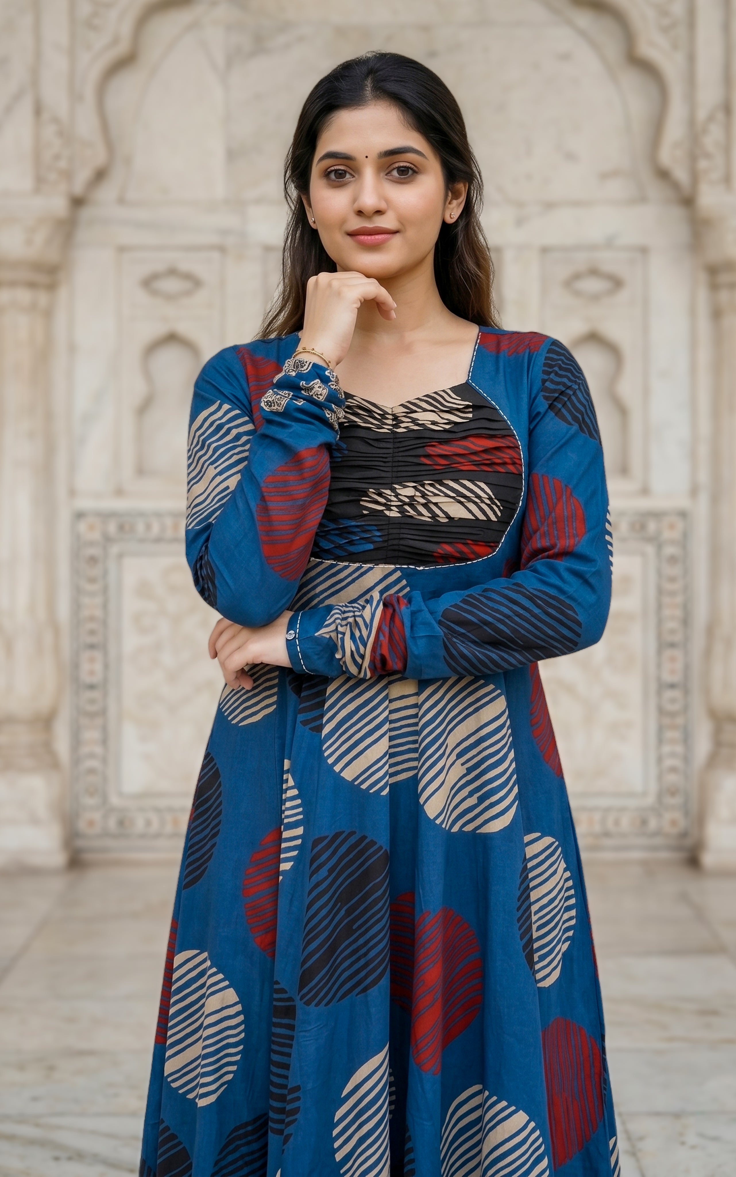 Instore - Blue Color Printed Cotton Flared Anarkali Kurti with Line Embroidery & Sweetheart Neck with Gathered Sleeve
