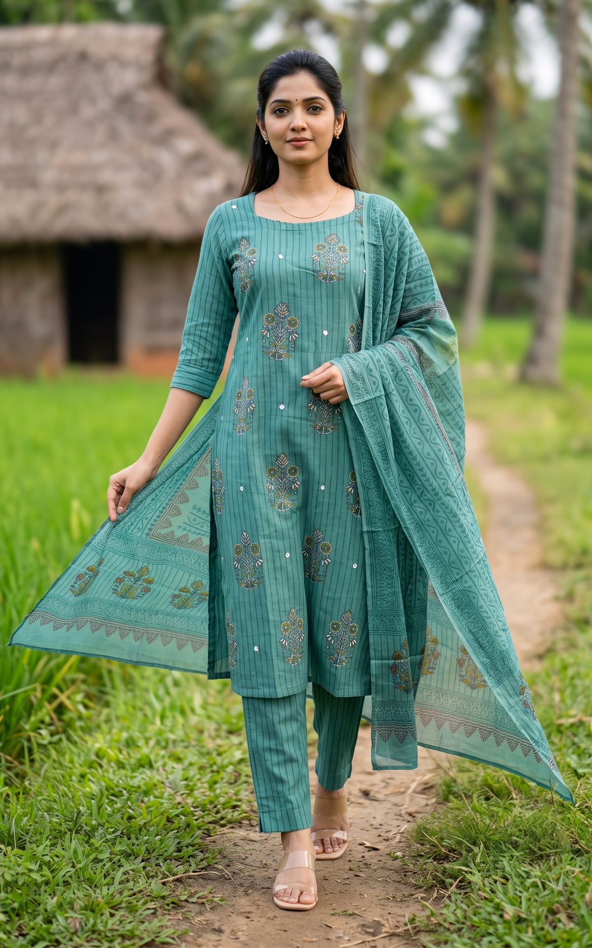 Jarita Sage Green Handblock (Kurti+Pant+Dupatta)