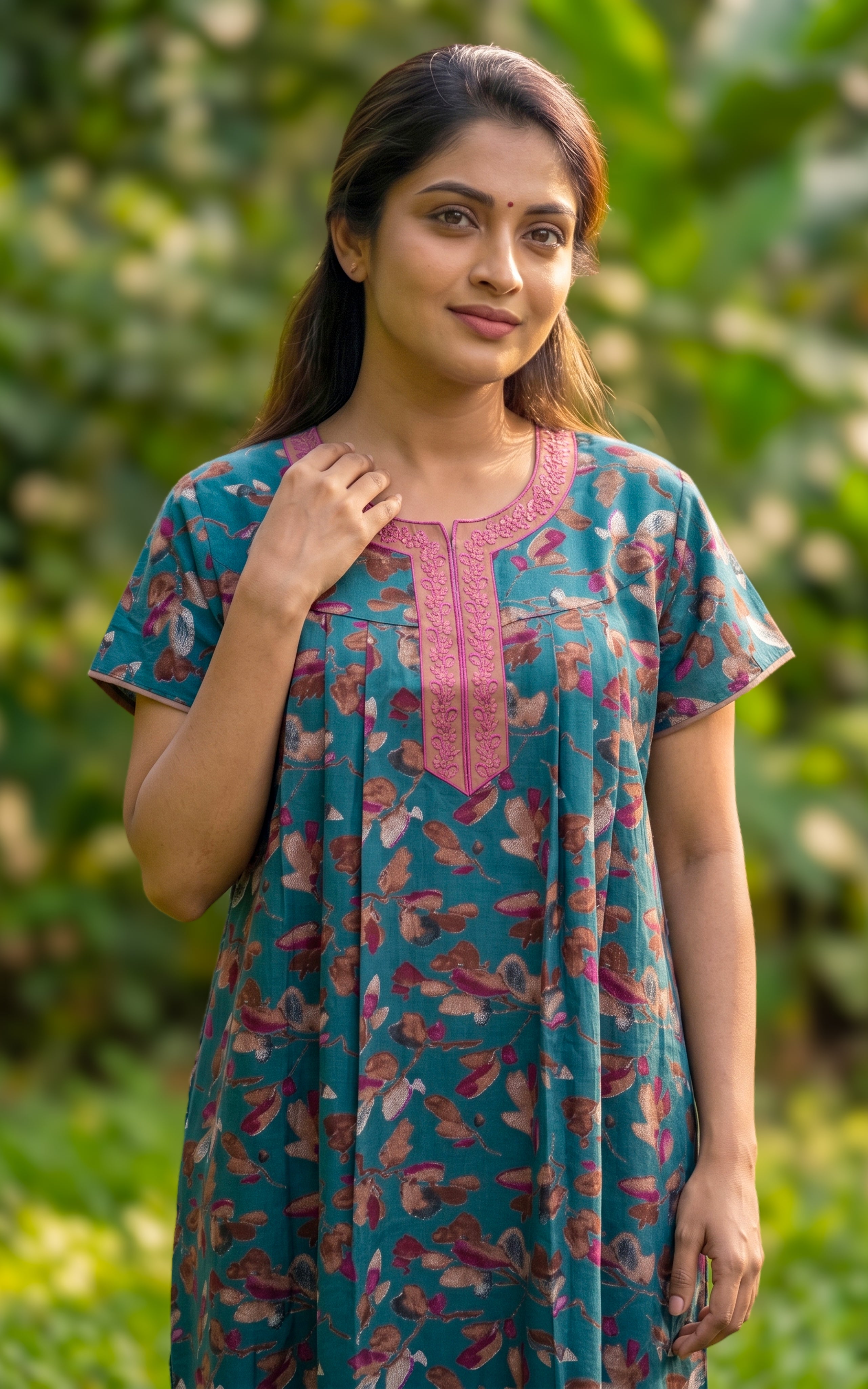 Instore - Teal Green Floral Print Cotton Long Nighty with Side Pocket, Relaxed Fit, Women's Sleepwear