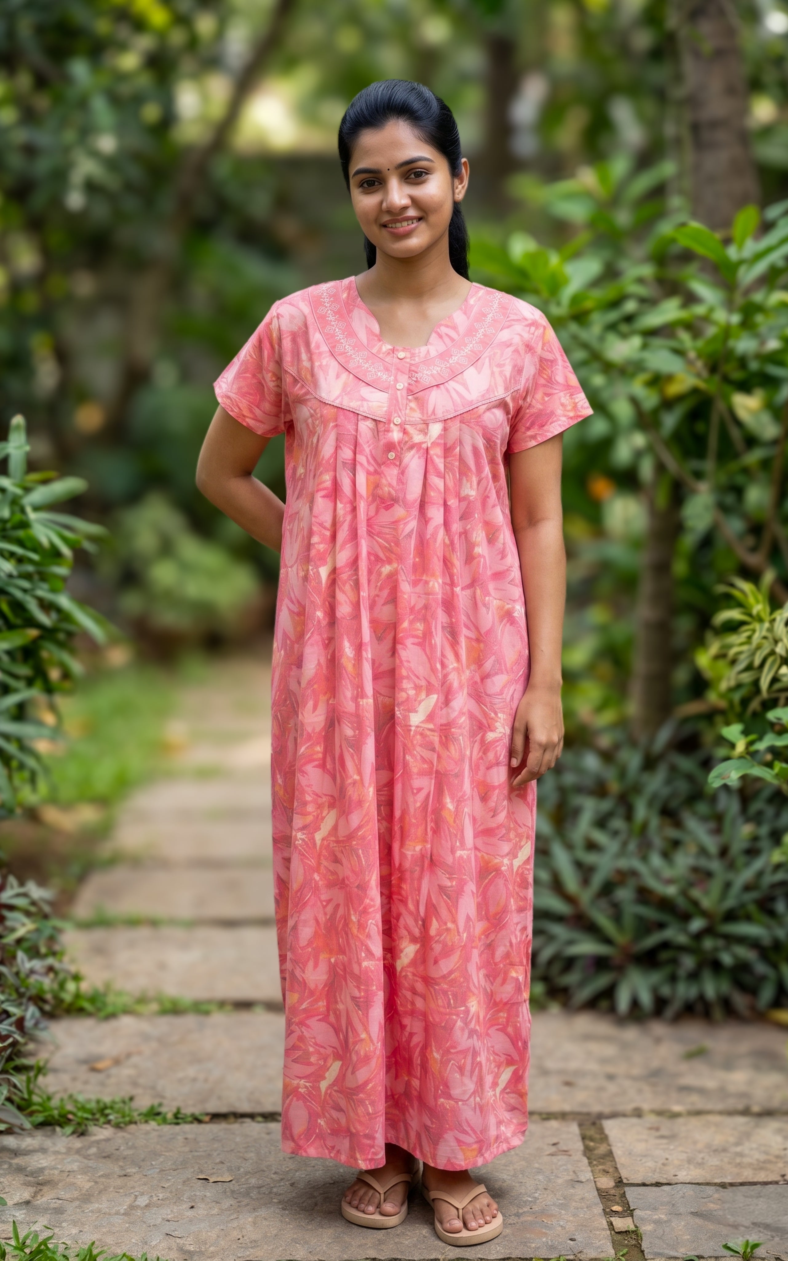 Instore - Peach Floral Print Cotton Long Nighty with Side Pocket, Relaxed Fit, Women's Sleepwear