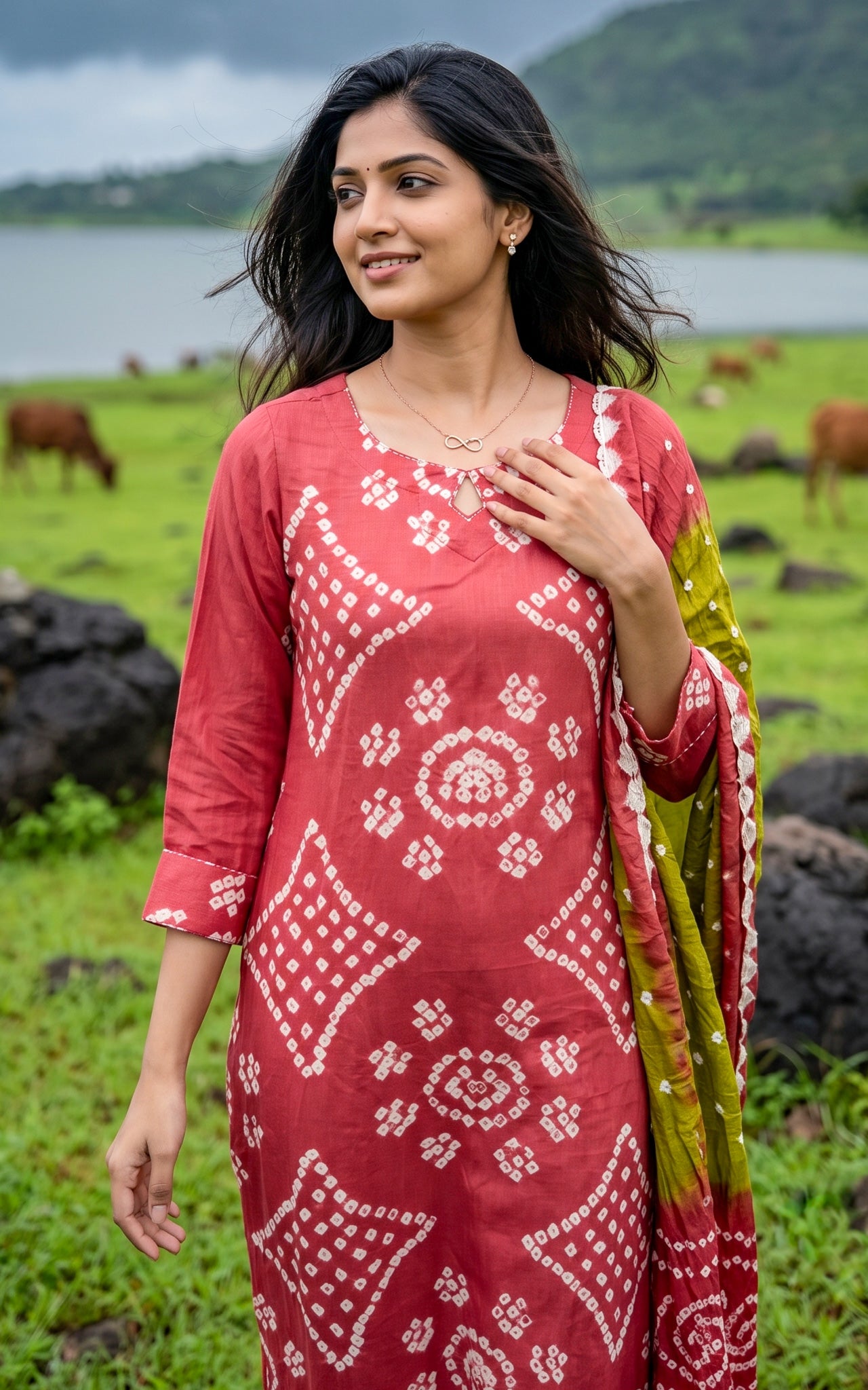 Hibiscus and Lime Green Cotton Casual Wear Kurti Set for Women