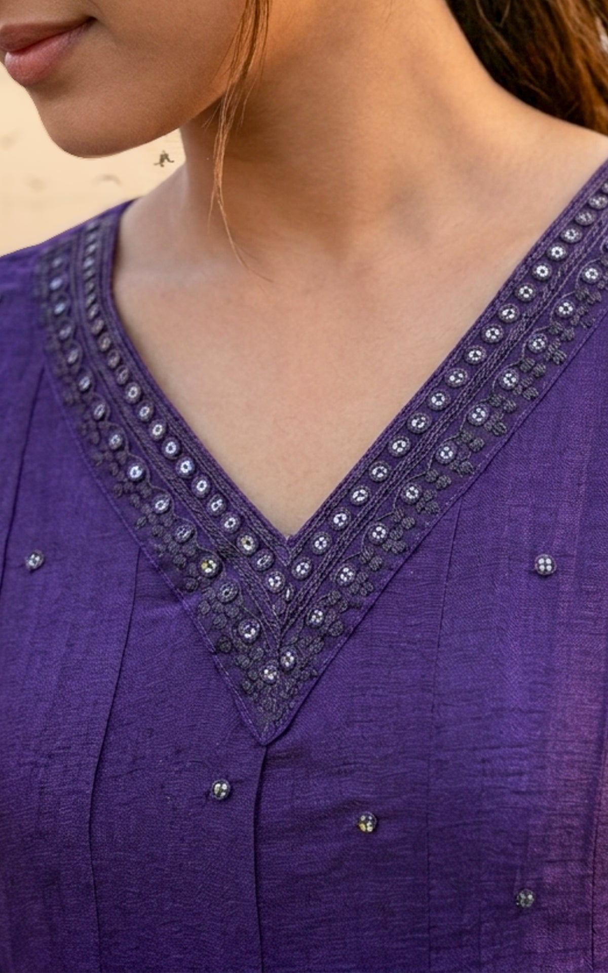 Instore – Dark Purple Mellinam Anarkali Kurti with Dupatta for Women – Crushed Tissue Silk – Sequin Embroidery – Festive Ethnic Wear
