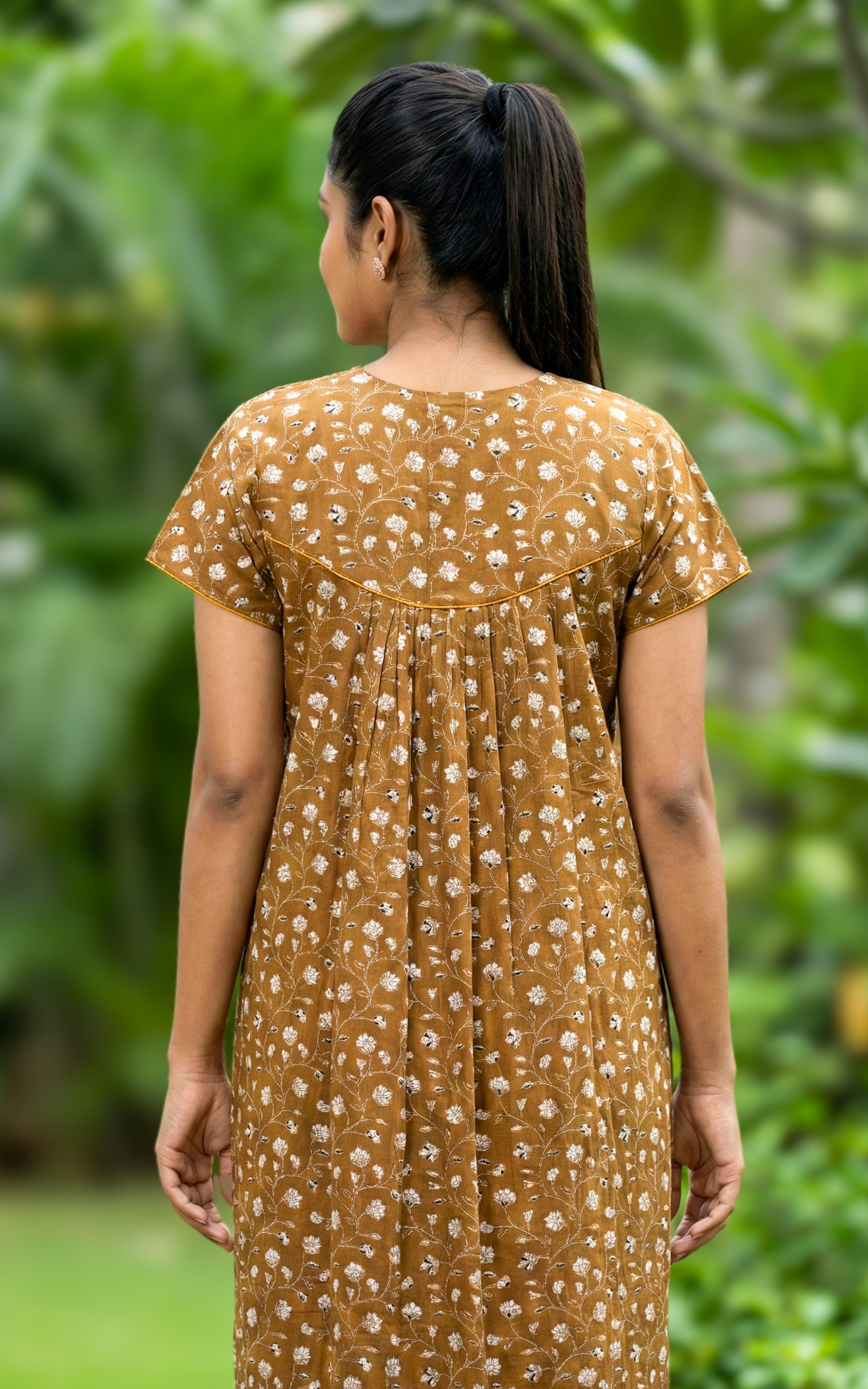 Instore – Dusty Pink Cotton Long Nighty, Floral Print, Round Neck with Contrast Yoke Panel, Relaxed Fit, Women's Sleepwear