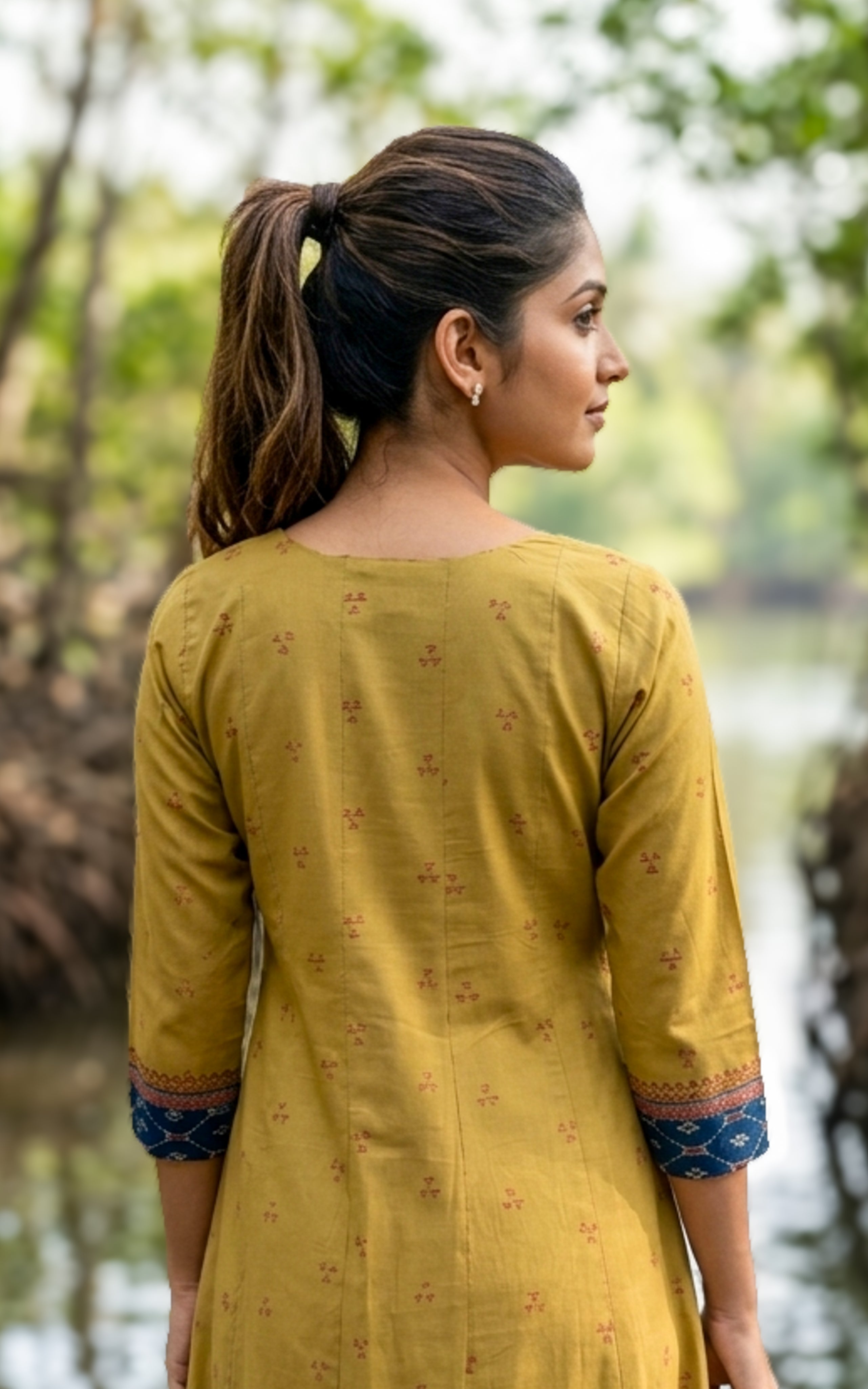 Mustard olive green handblock printed cotton kurti for women