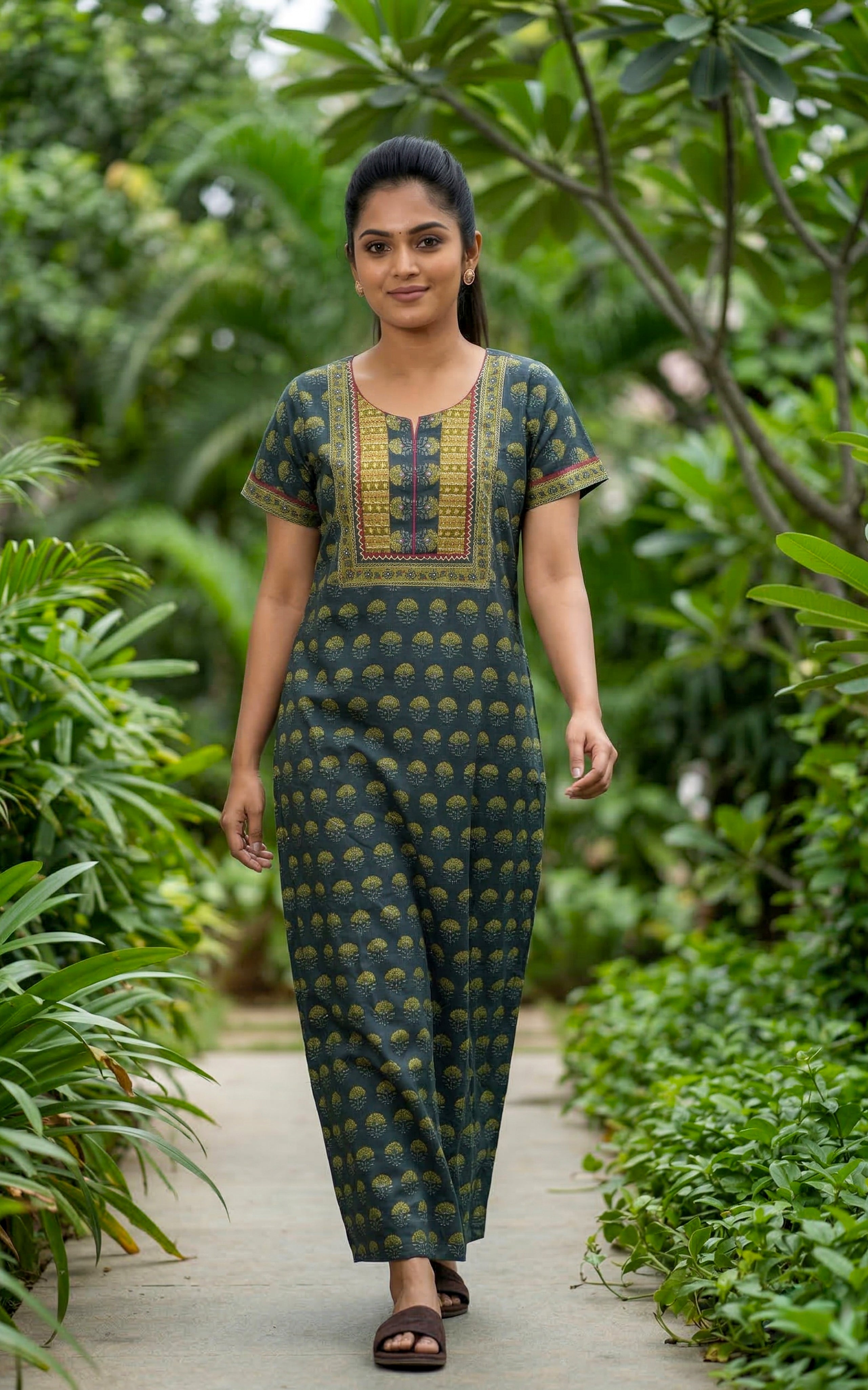 Instore – Dark Green Cotton Long Nighty, Ethnic Motif Print, Round Neck with Printed Yoke Panel, Relaxed Fit, Women's Sleepwear