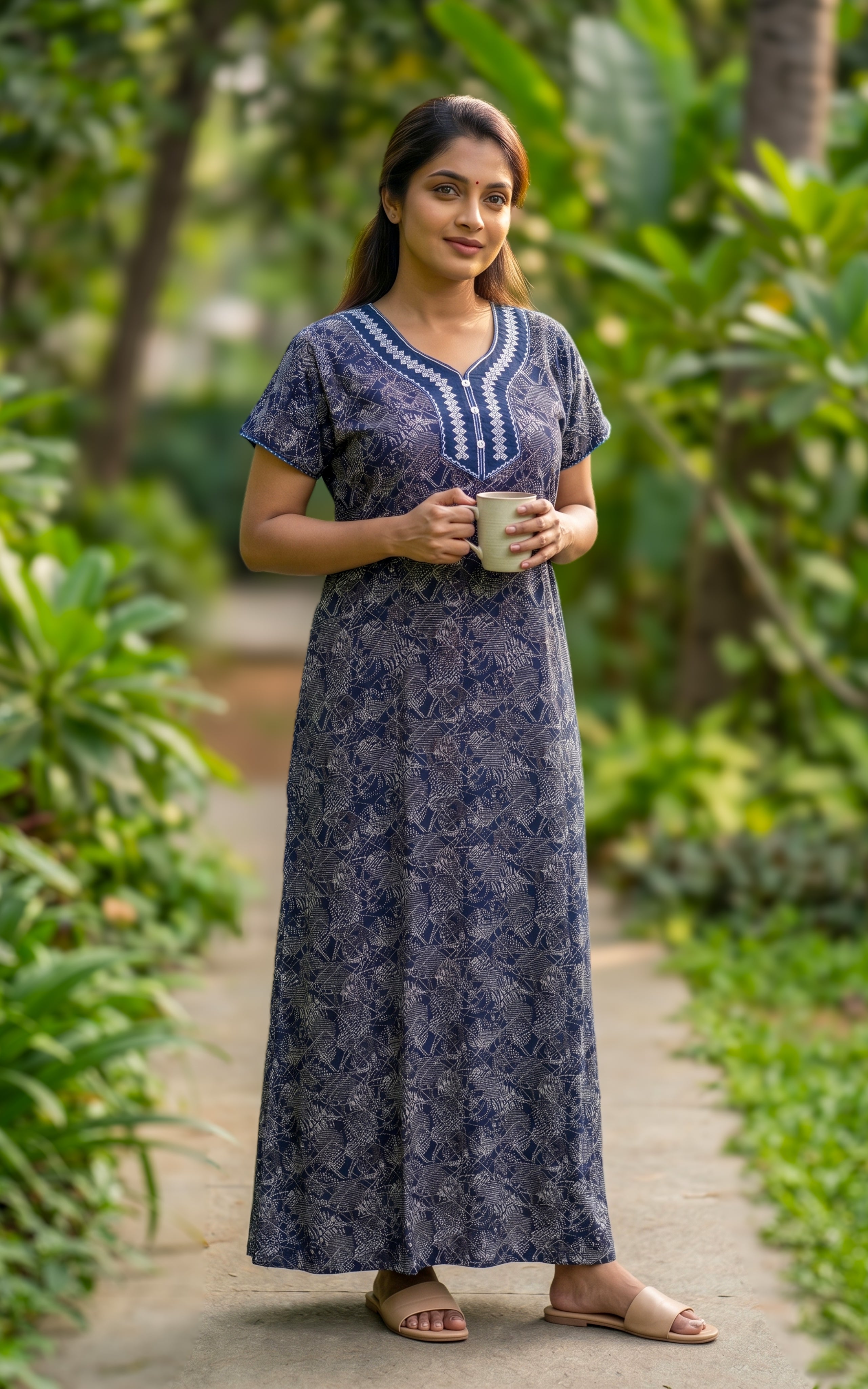 Instore - Navy Blue Floral Print Cotton Long Nighty with Side Pocket, Relaxed Fit, Women's Sleepwear