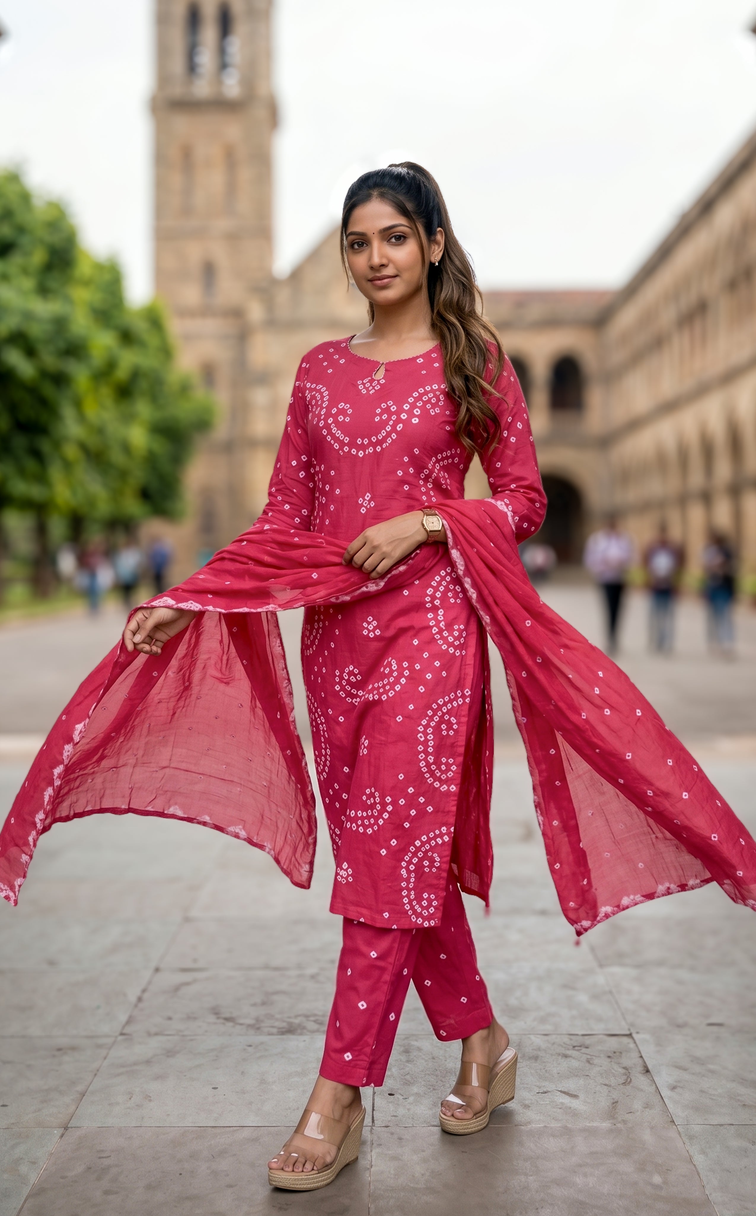 Bandhani tie dye cotton kurti set for women