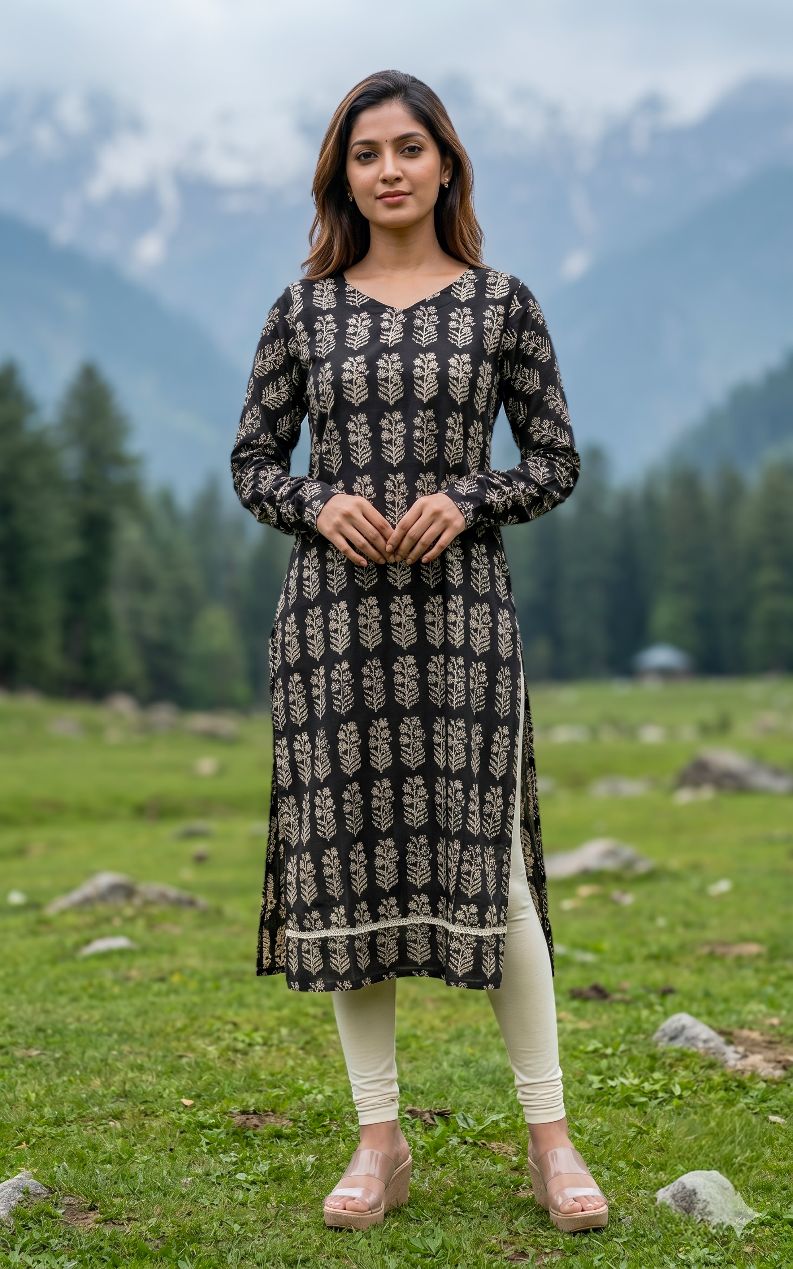 Black handblock printed cotton kurti for women